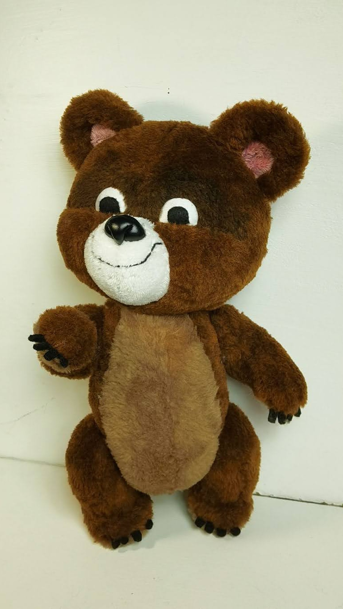 Misha bear plush waving a paw, another Misha we sewed by hand to order: caramel belly, black claws
