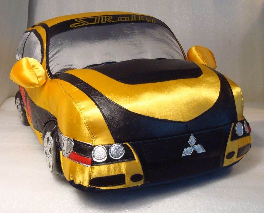Mitsubishi rally car plush Handmade Mitsubishi rally car plush with an embroidered three-diamond badge, padded mirrors and silver lights