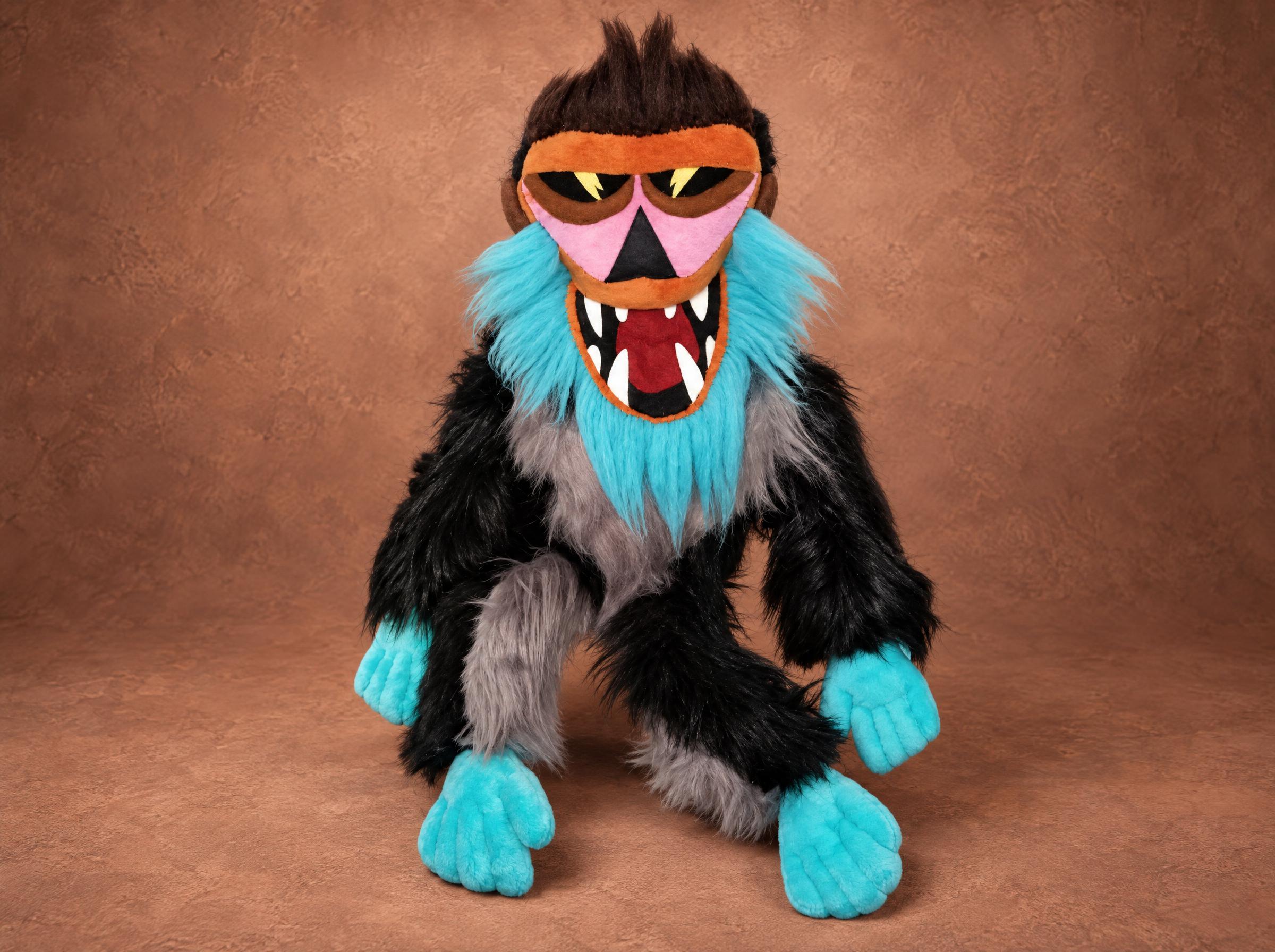 Monkey mascot plush with a turquoise faux fur beard, fangs and lightning-bolt eyes, handmade to order from a logo