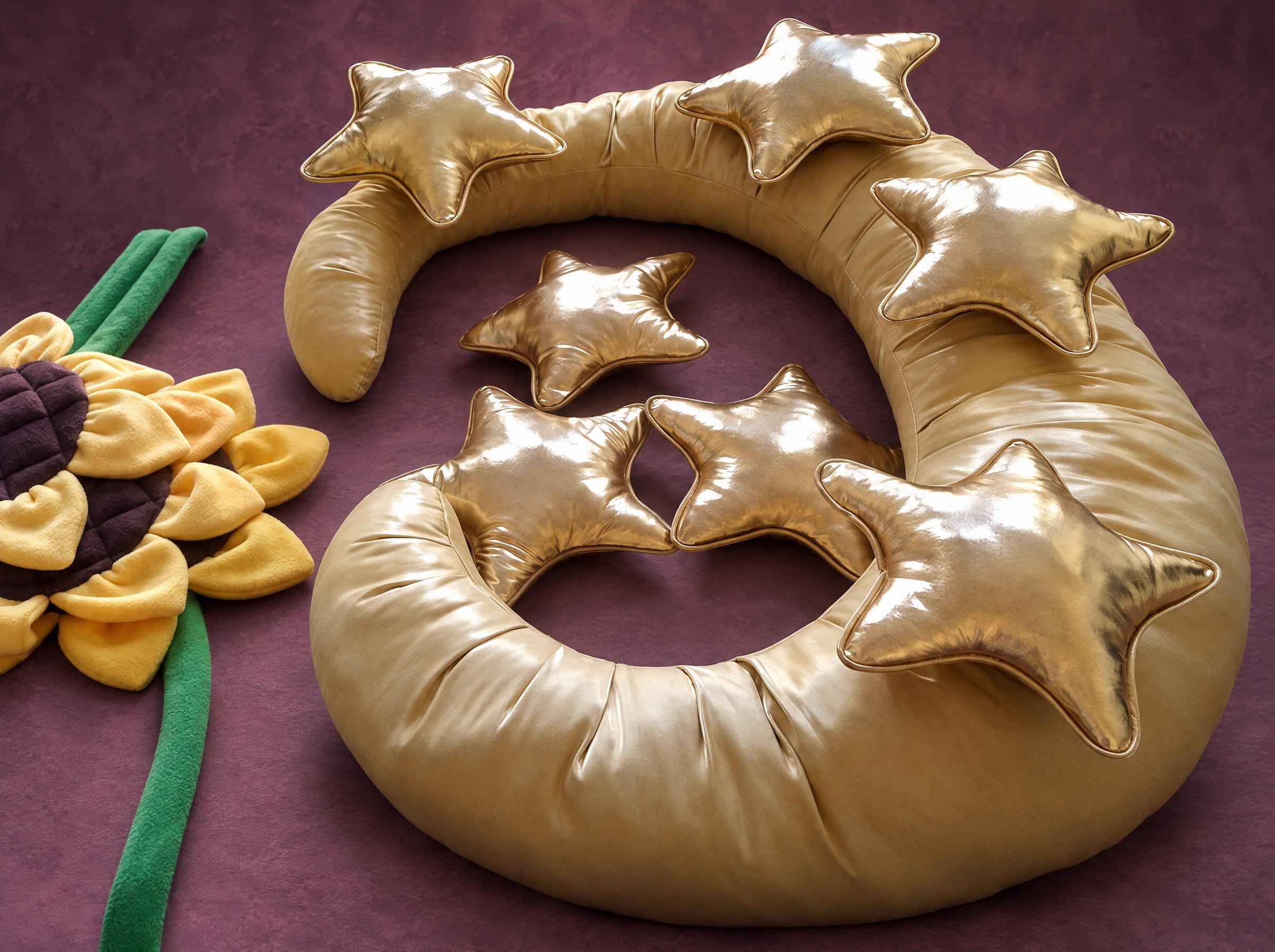 Soft crescent moon photo prop with seven gold stars and a sunflower, sewn to order for a photo studio