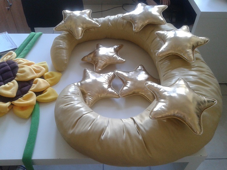 Moon pillow with seven gold stars Moon pillow with seven puffy gold star cushions, a soft photo prop set handmade to order for a studio