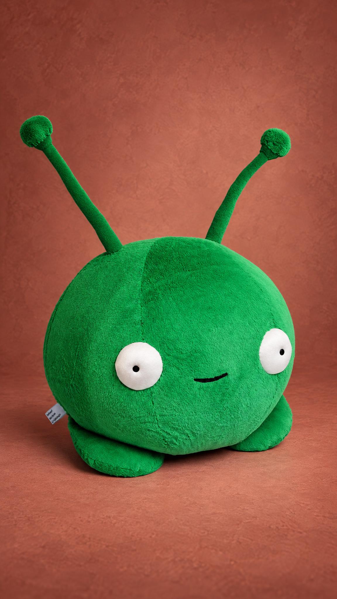 Custom Mooncake plush, the green alien from Final Space, with big white eyes and bendy antennae, made to order