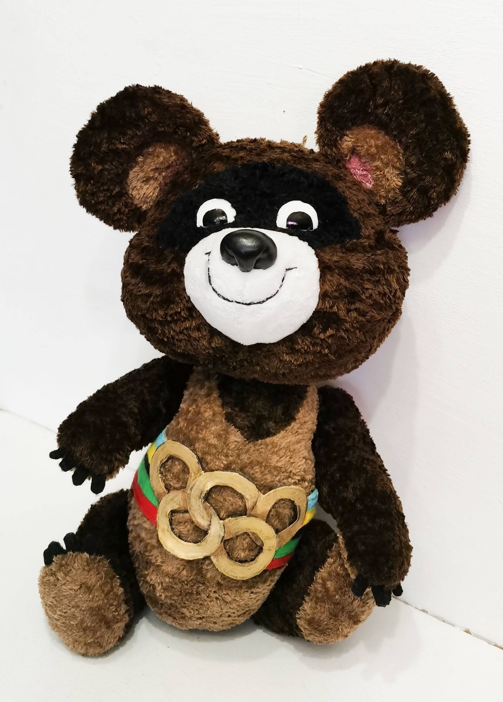 Moscow Olympic Misha plush Moscow Olympic Misha plush sitting with a paw out, sewn by hand to order from curly brown faux fur