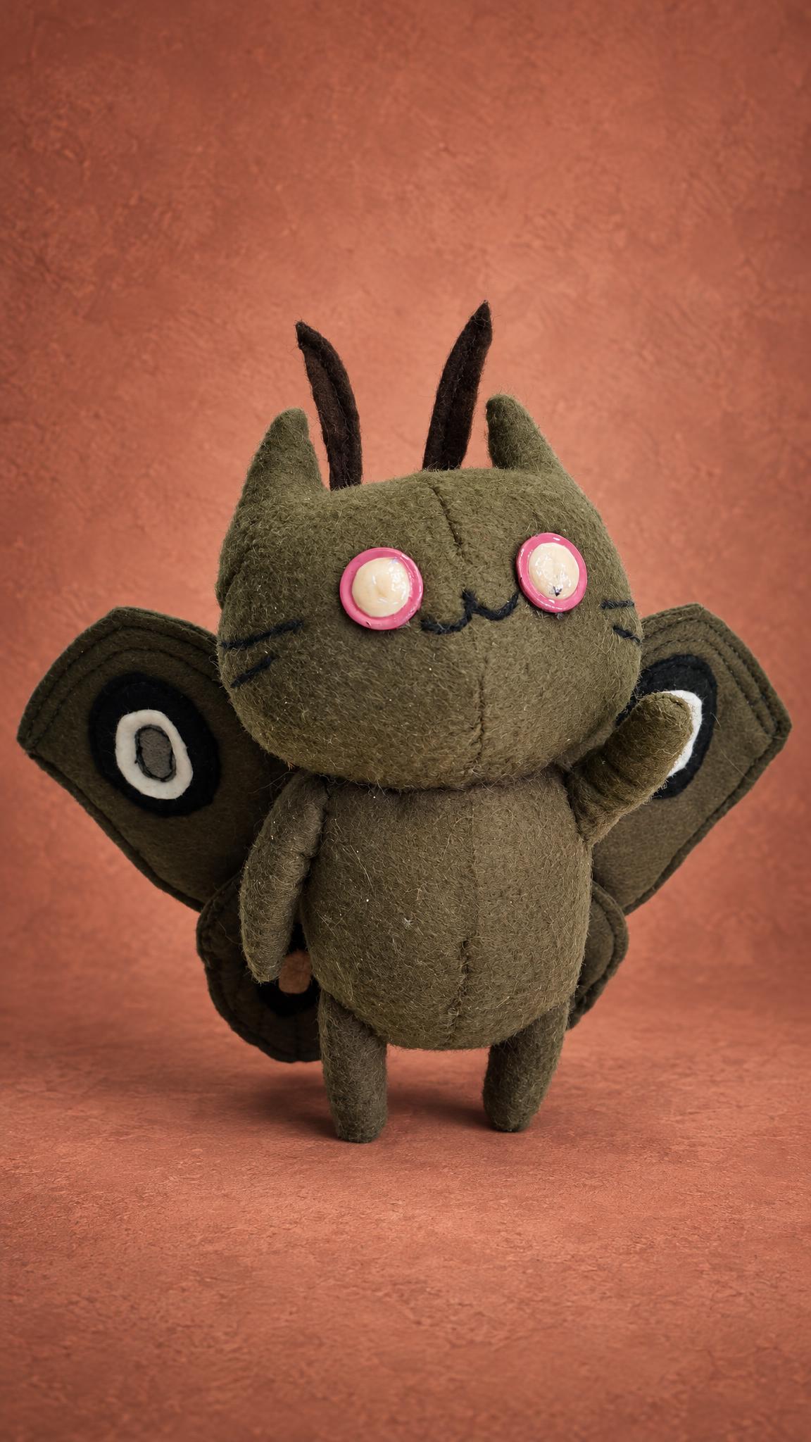 Handmade moth cat plush waving one paw, pink-rimmed eyes and felt moth wings, custom made to order