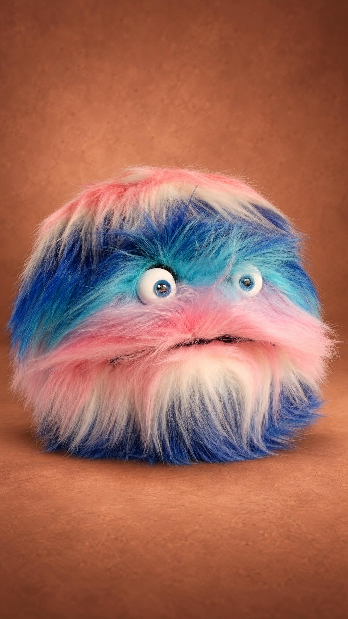 Angry Murashko furry monster plush with staring eyes and a sulky mouth, striped faux fur, made to order