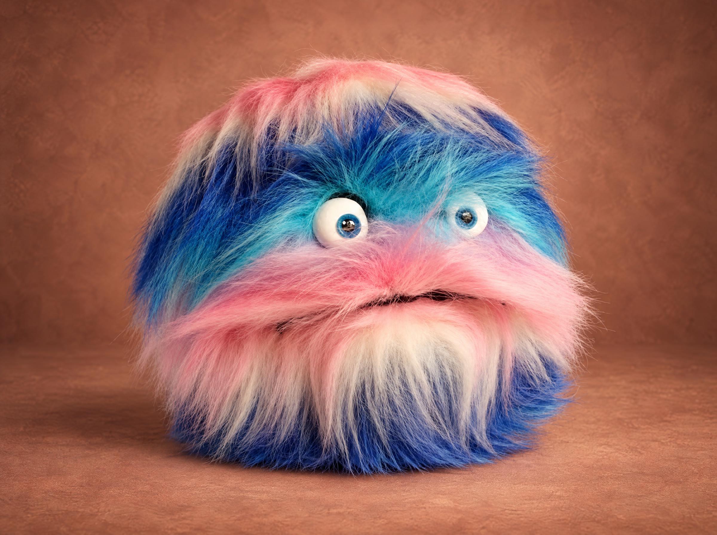 Murashko custom fluffy monster plush Murashko fluffy monster plush in blue and pink faux fur with a grumpy face, handmade to order from a drawing