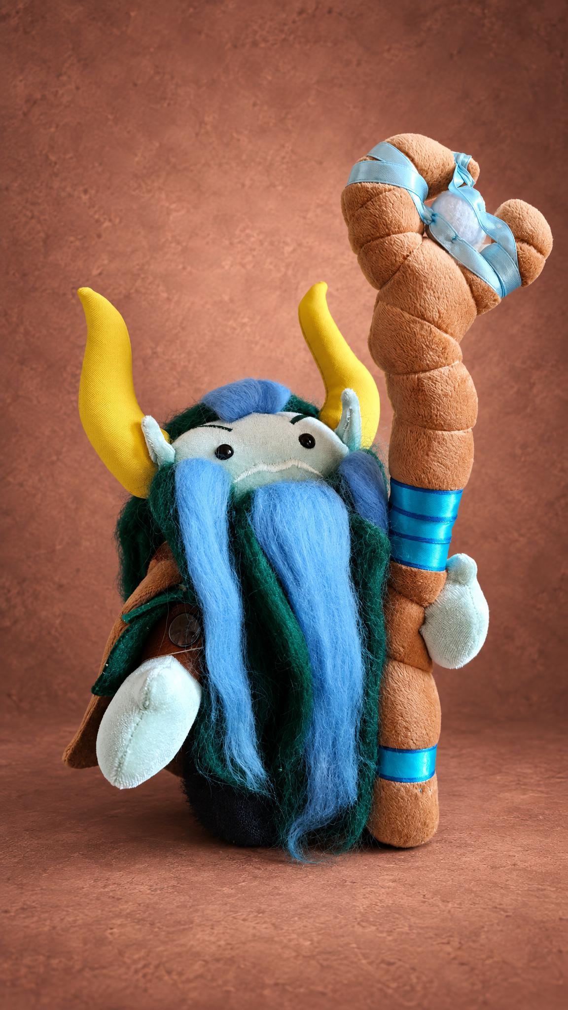 Custom Furion plush from Dota 2 holding his staff, blue and green faux fur beard, sewn by hand to order