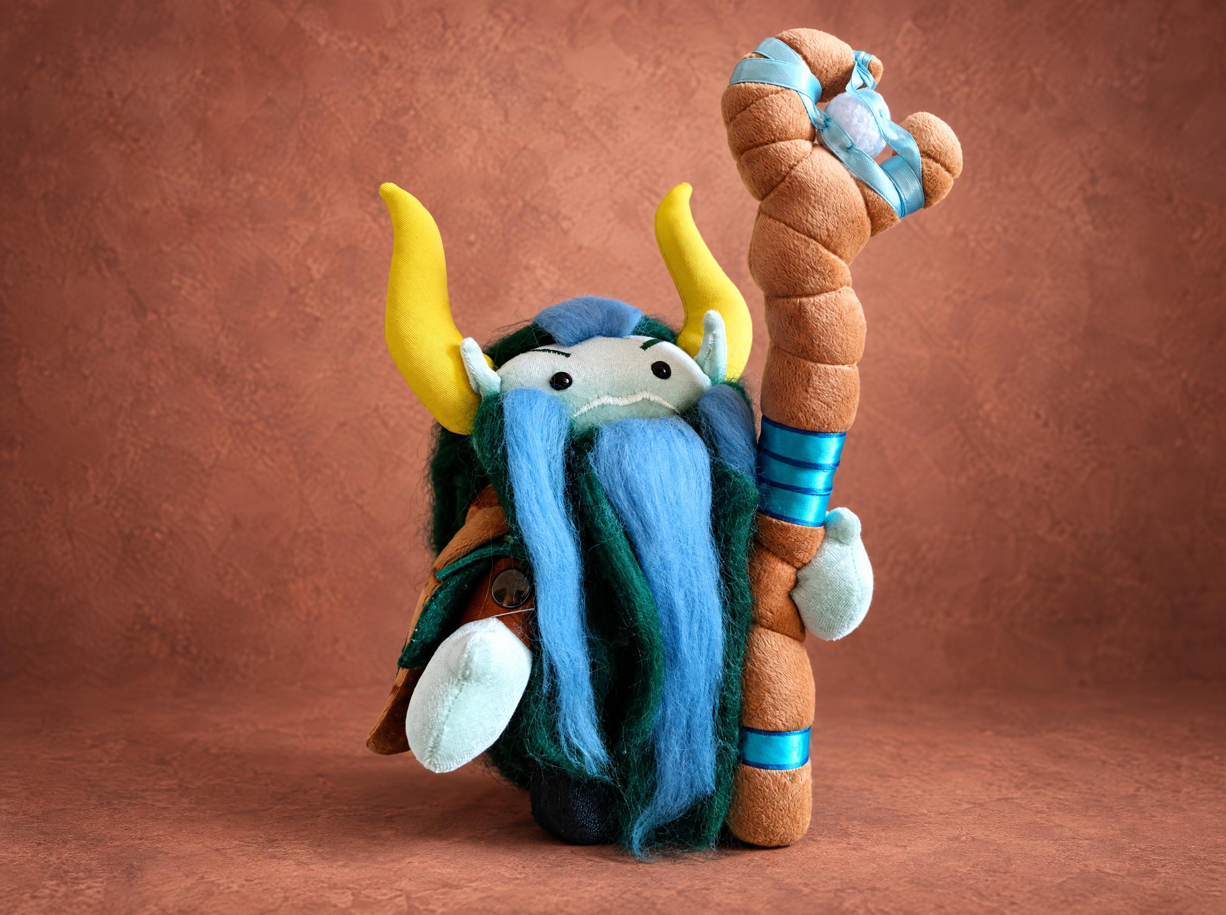 Nature's Prophet plush from Dota 2 with yellow horns, blue beard and ribbon-wrapped staff, handmade to order