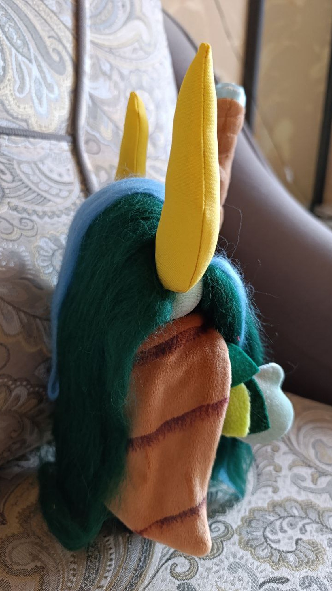 Custom Nature's Prophet plush with long green faux fur hair and yellow horns, Dota 2 hero sewn to order