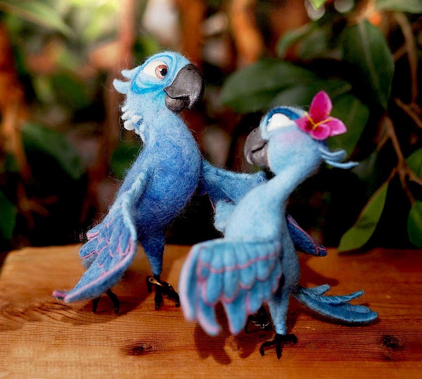 Felted Blu and Jewel dancing Needle-felted Blu and Jewel from Rio dancing wing in wing, custom blue macaw toys made by hand