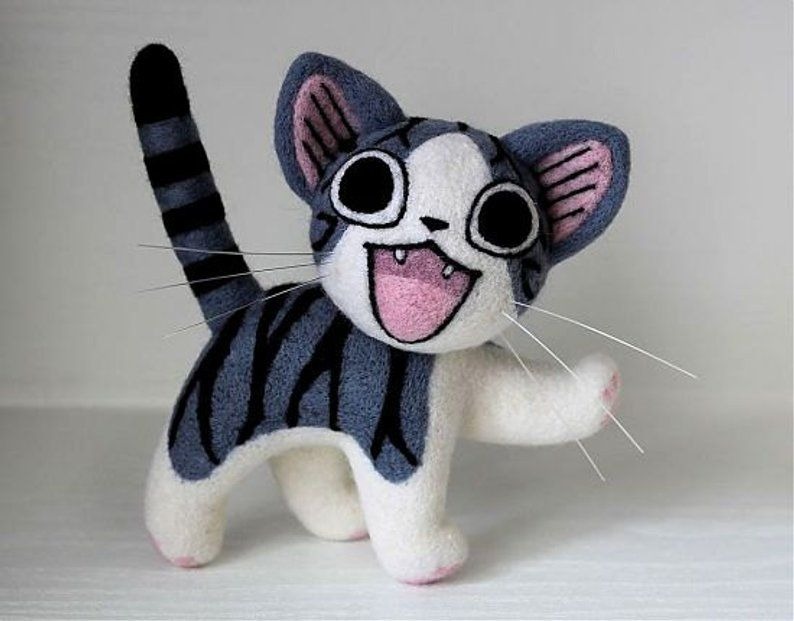 Laughing felted Chi kitten Needle felted Chi kitten laughing with one front paw raised and long white whiskers, handmade wool toy