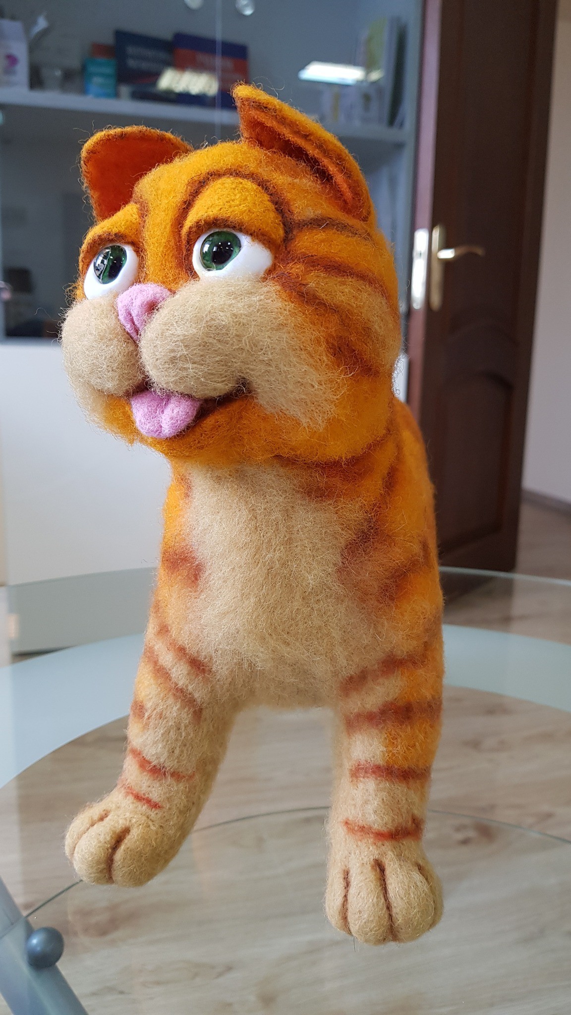 Needle felted Garfield cat with pink nose, tongue out and striped legs, handmade to order