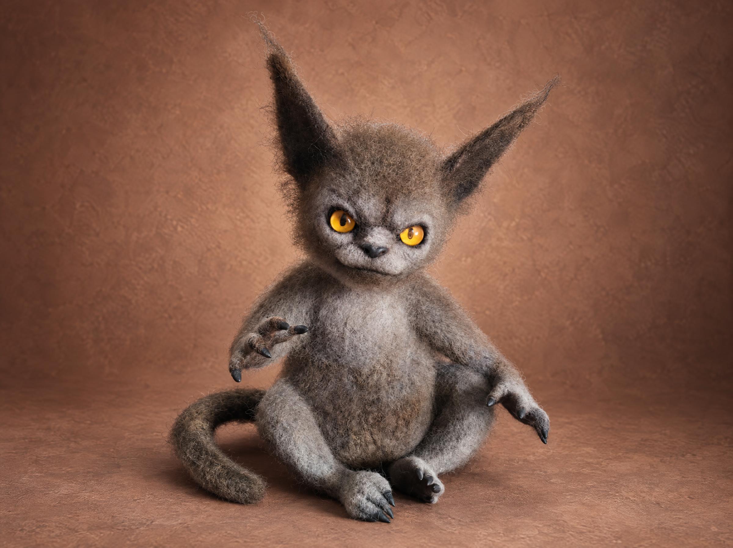 Needle felted imp art doll in gray wool with amber eyes and a curled tail, a fantasy creature made to order