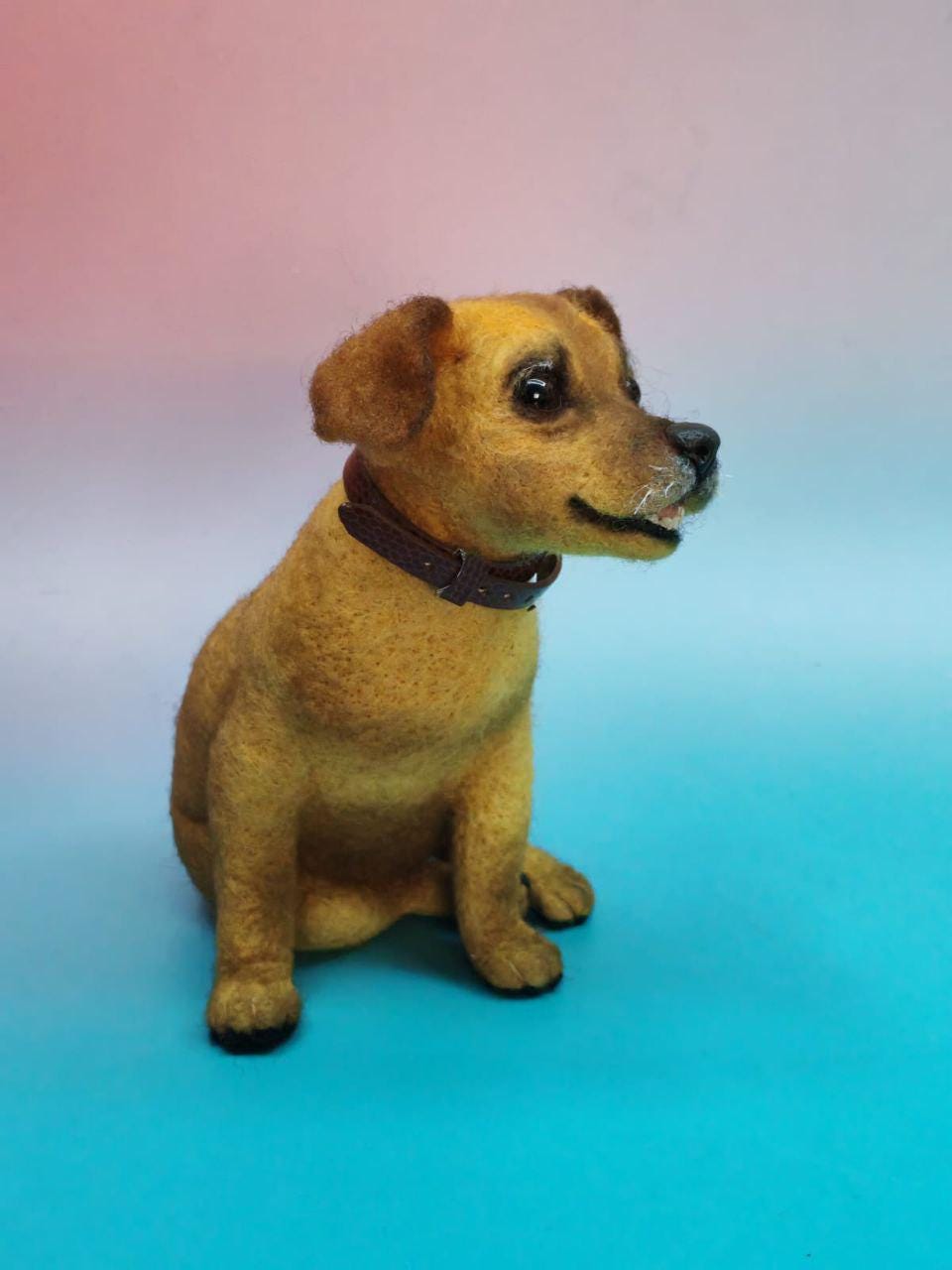 Needle felted memorial dog Needle-felted memorial dog with golden fur, floppy brown ears and a leather collar, made to order from photos