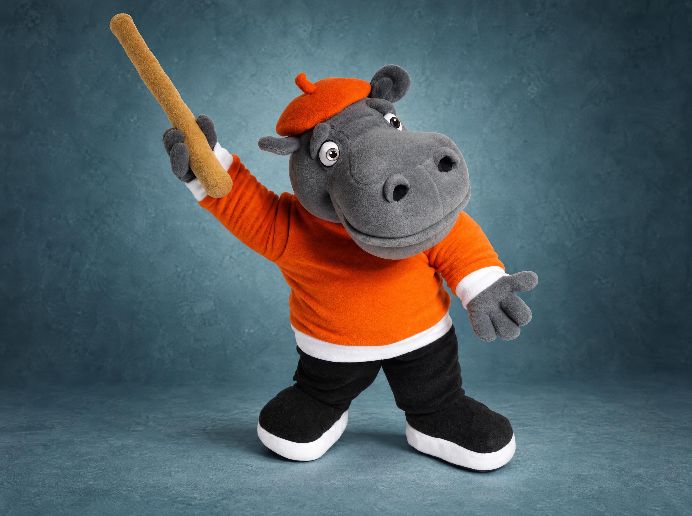 Nu, Pogodi! hippo plush, made to order Nu, Pogodi! hippo plush handmade to order: grey fleece, orange beret and sweater, a long cane raised high