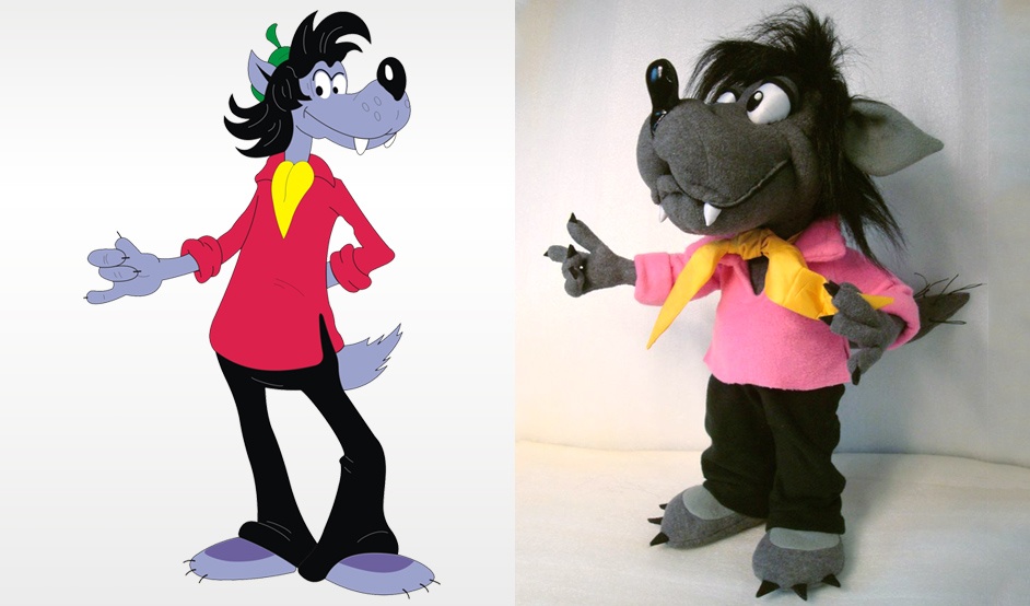 Nu, Pogodi! Wolf: cartoon vs our plush Nu, Pogodi! cartoon Wolf (reference art) beside our custom wolf plush, made to order in a pink shirt