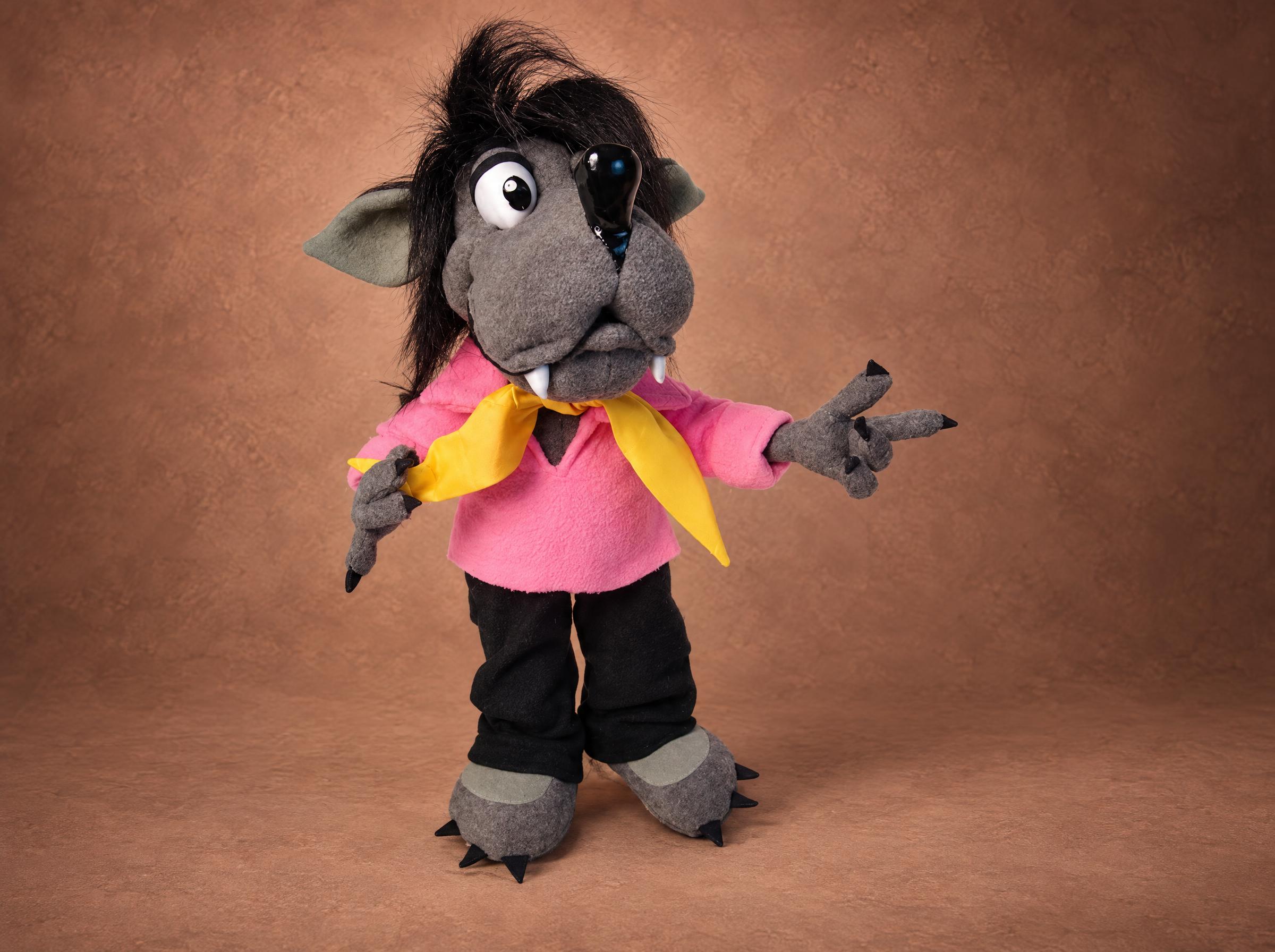 Nu, Pogodi! wolf plush, handmade to order: pink shirt, yellow neckerchief, black faux fur mane and white fangs
