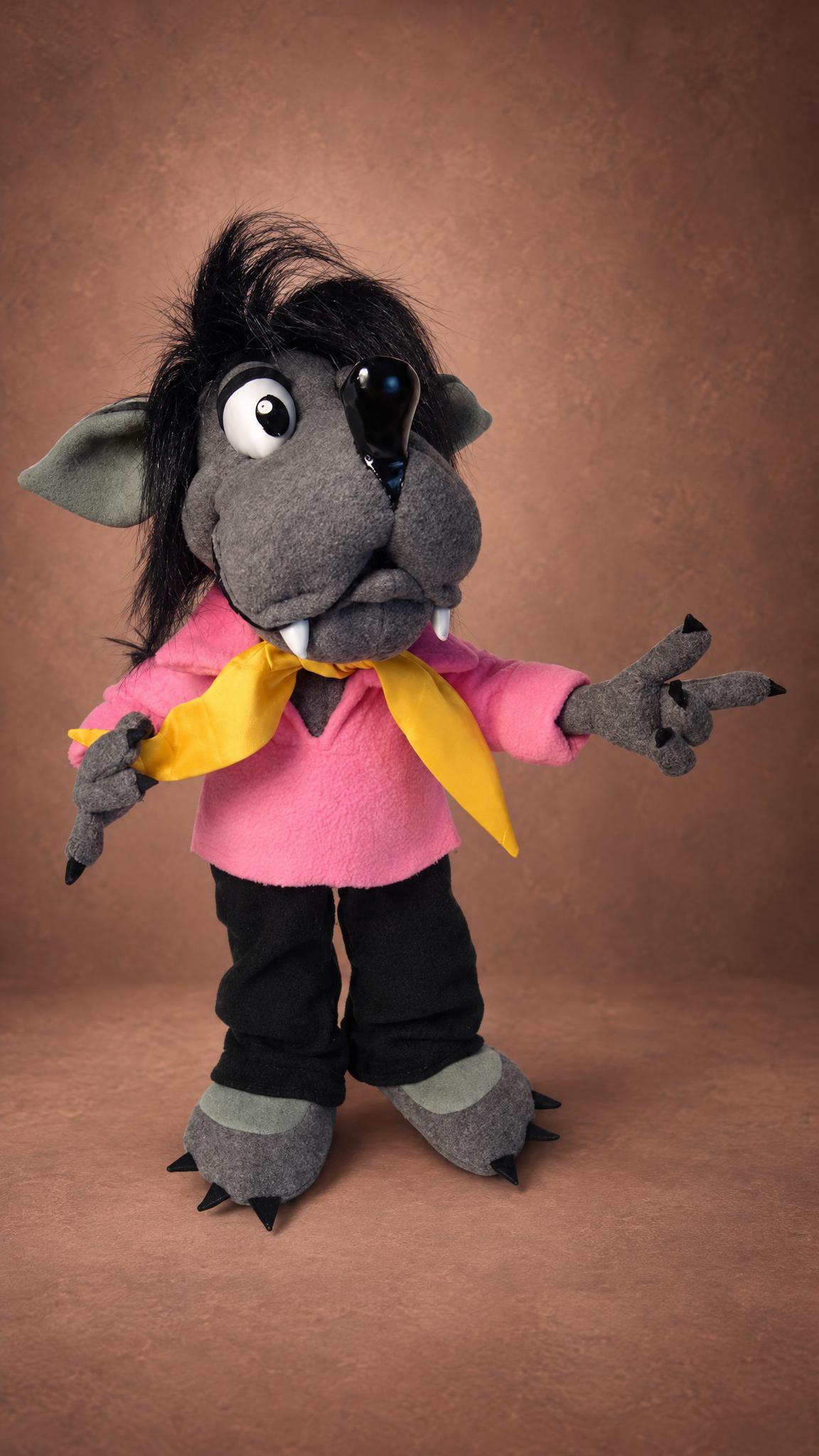 Nu, Pogodi! wolf stuffed animal sewn to order: messy black mane, glossy nose, pink shirt, clawed feet