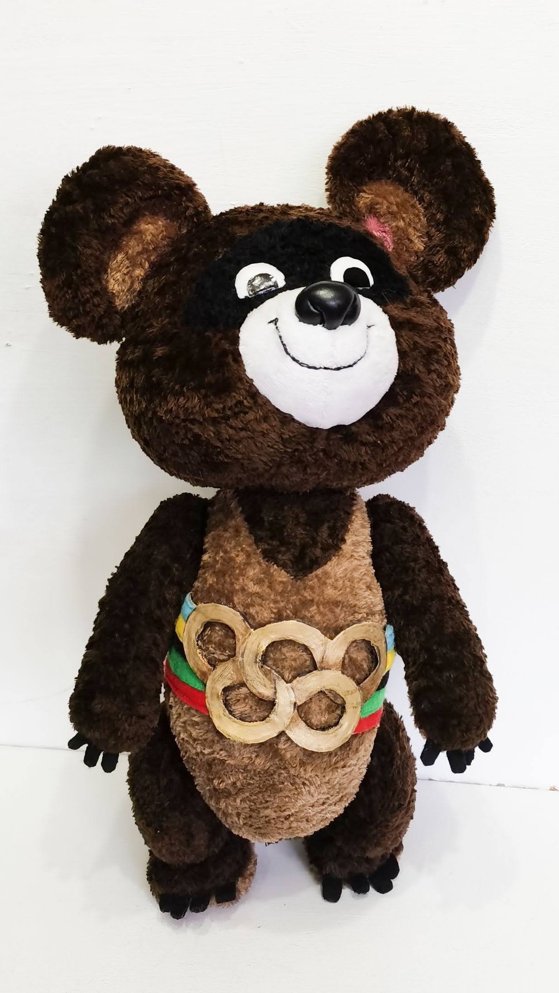Olympic Misha teddy bear, handmade to order as a childhood toy replica: brown faux fur, gold-ring belt