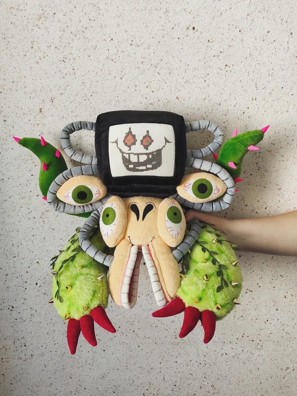 Omega Flowey plush, size Omega Flowey plush held against a wall for size, cactus arms with red claws, an Undertale plush made to order