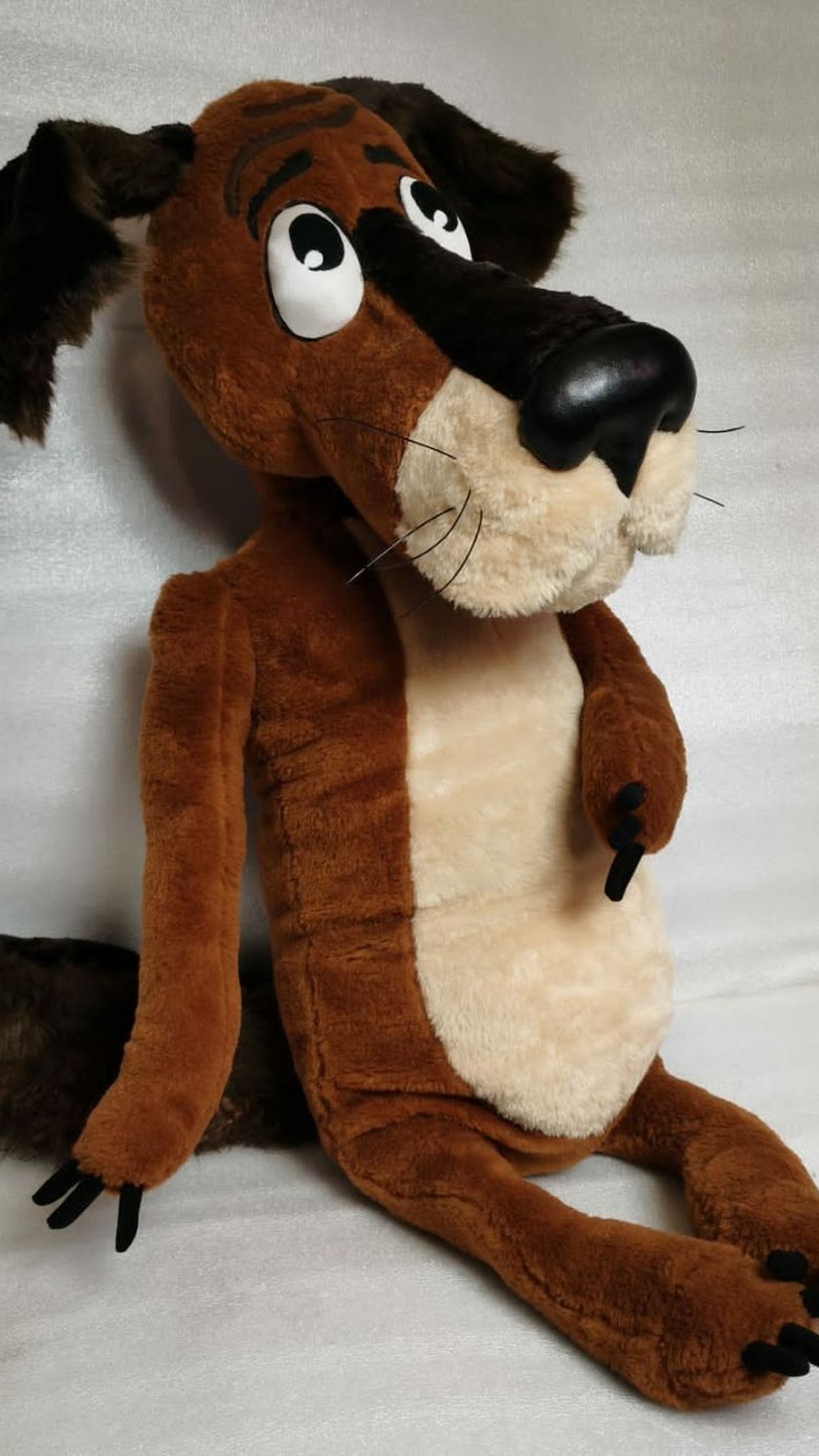Lanky Dog plush from Once Upon a Dog with crossed legs and a cream belly, sewn by hand to order