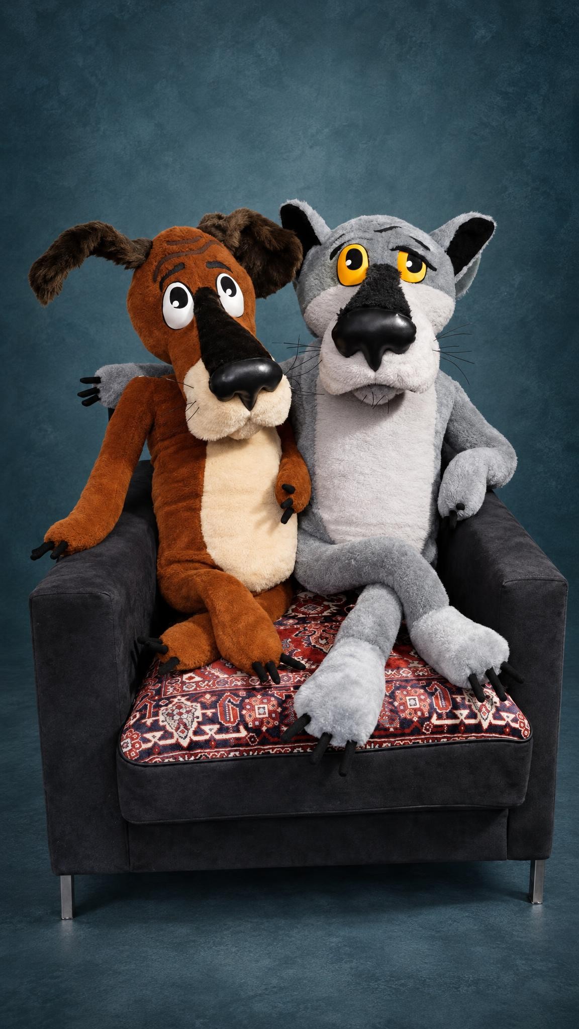 Giant Dog and Wolf plush from Once Upon a Dog, the Wolf hugging his old friend, made to order