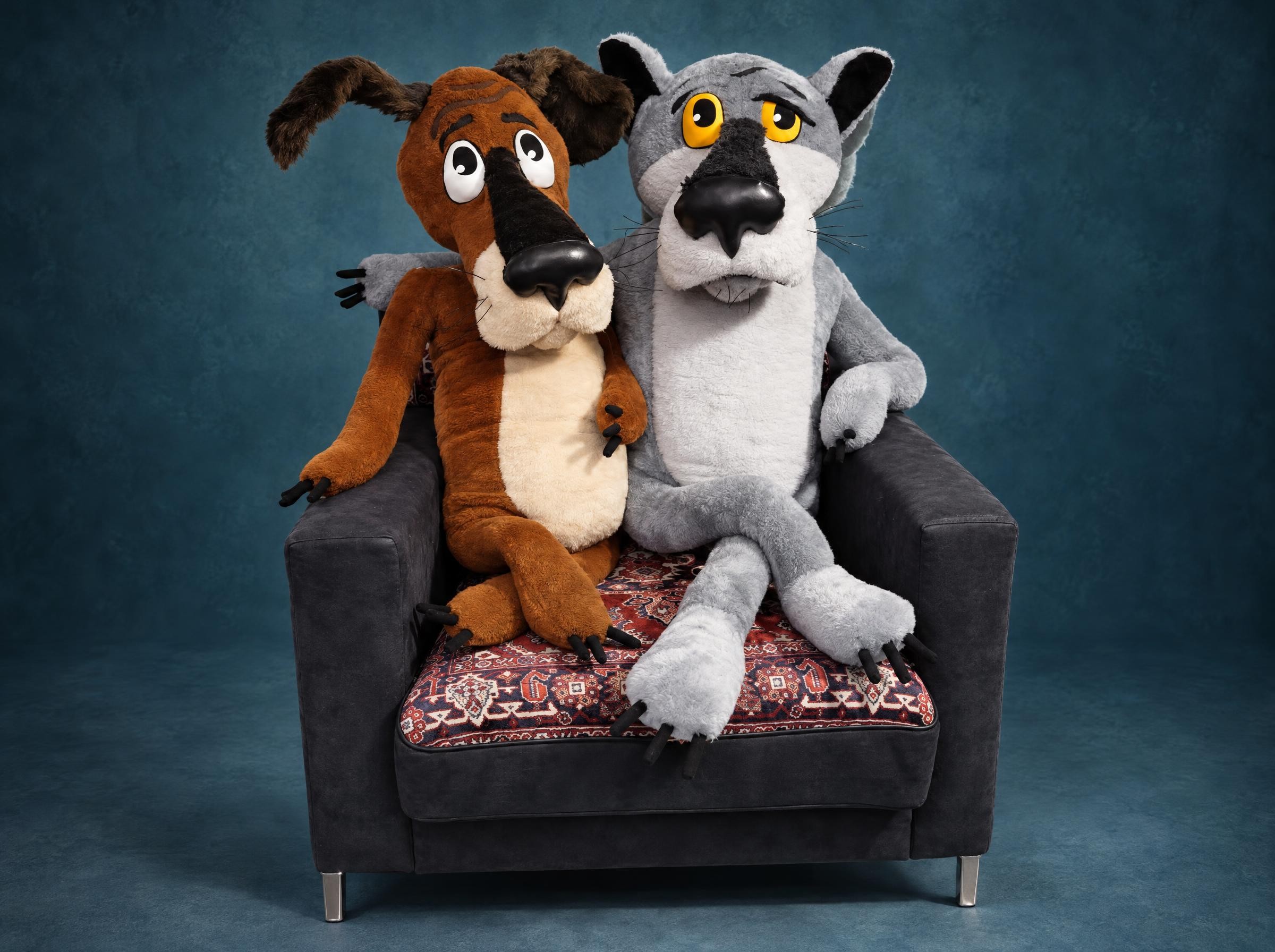 Once Upon a Dog plush pair: giant brown Dog and grey Wolf sharing an armchair, handmade to order