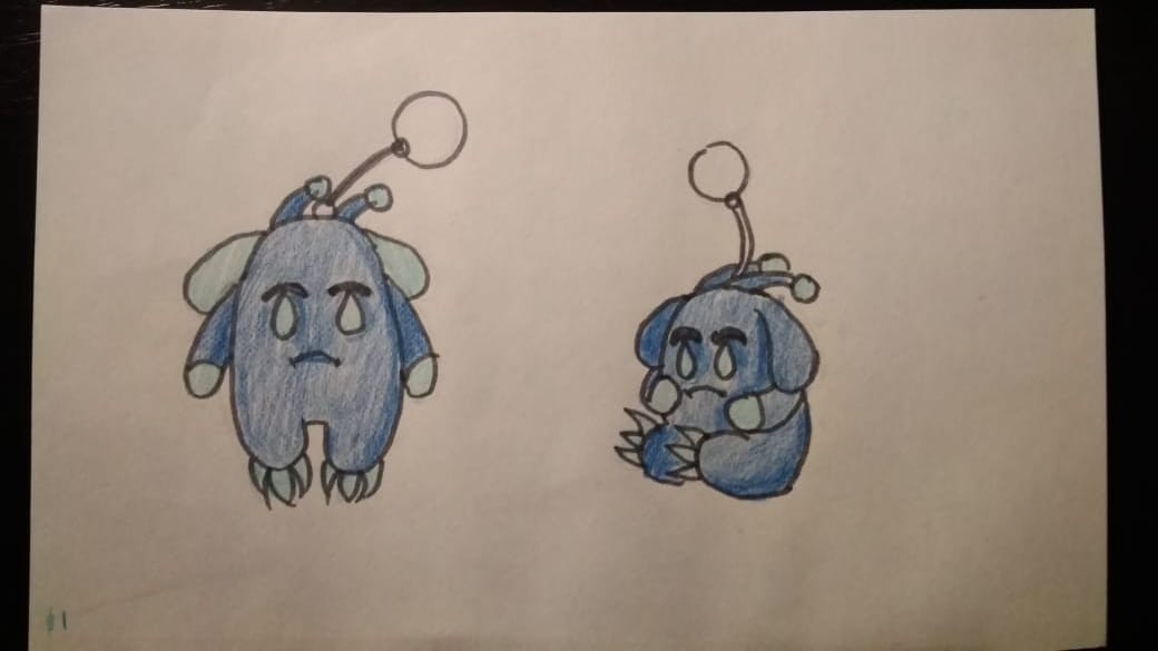 Blue Orik keychain plush sketch Pencil sketch of the blue Orik as a keychain plush in two poses, drawn before the custom toy was sewn
