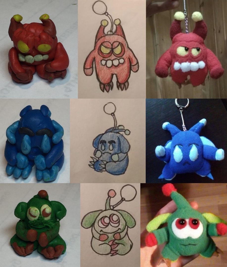 Oriki: clay figures, sketches, custom plush keychains Three Oriki from the customer's clay figures to paper sketches to finished custom plush keychains