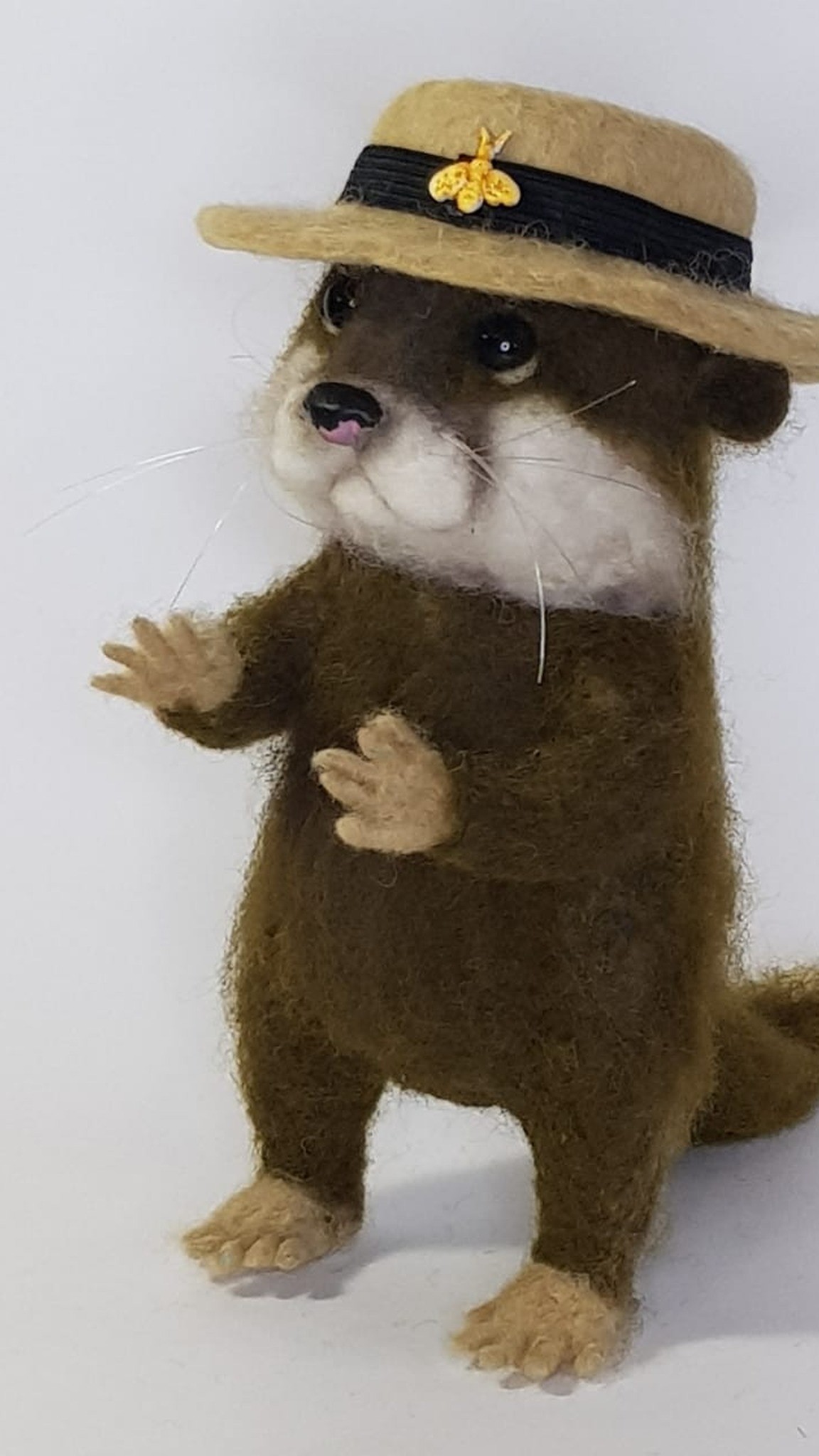 Realistic otter plush with white cheeks, tan paws and a long tail, felted wool, made to order