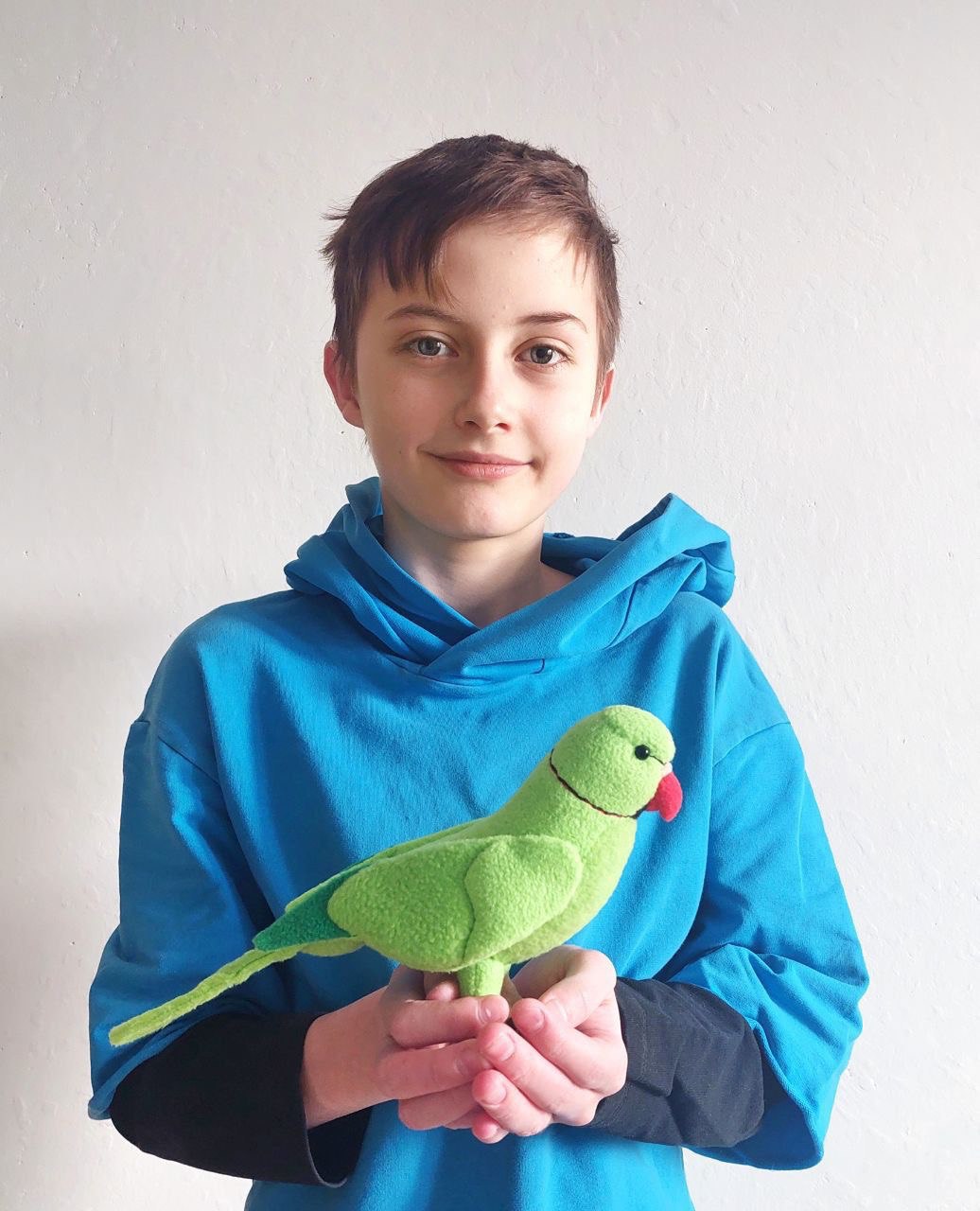 Custom parrot plush with its young owner Young owner holding her custom parrot plush, a green ringneck sewn by hand to match her pet bird