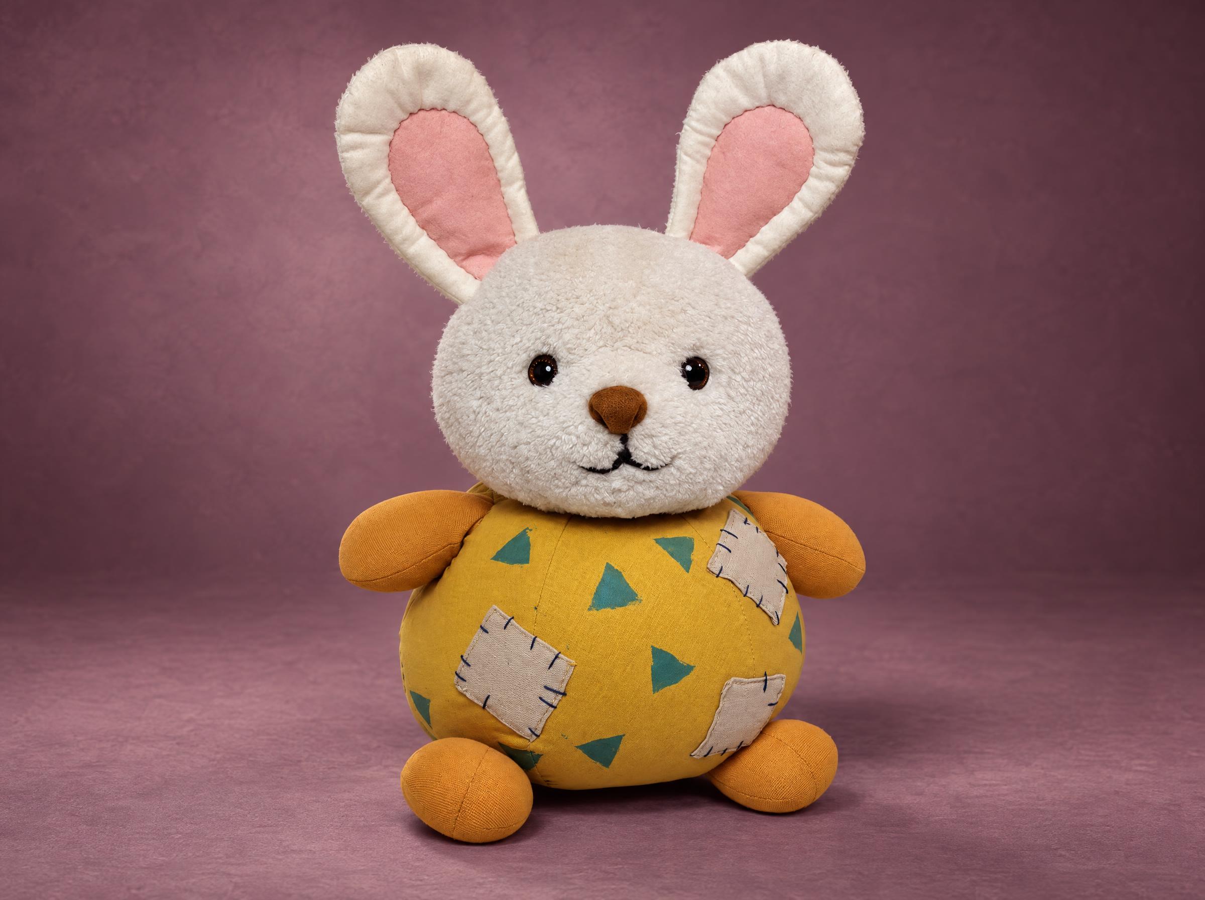 Patchwork bunny plush with a fluffy cream face and a round yellow tummy, handmade to order from an AI picture