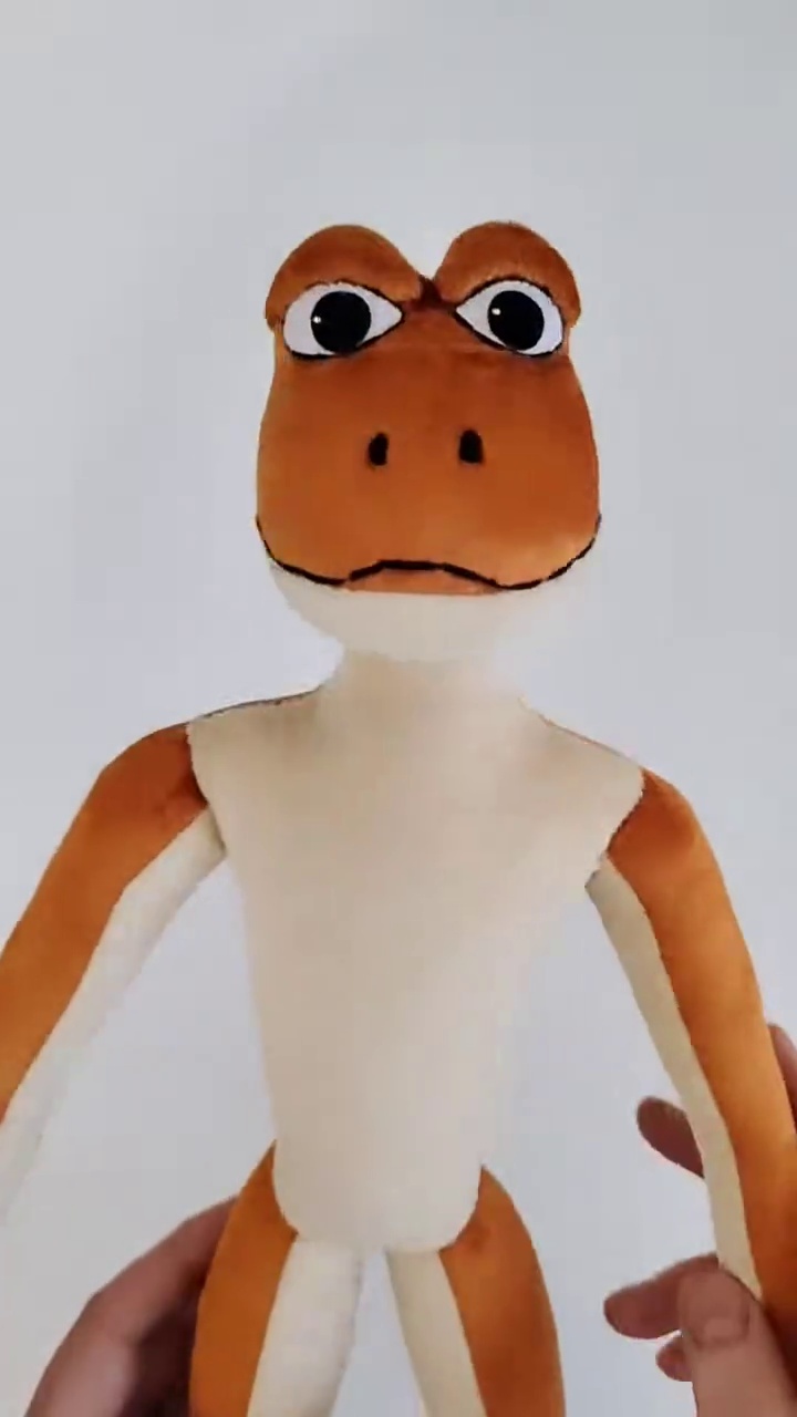 Patila frog plush with sleepy eyes Patila frog plush head with big sleepy eyes, dark brows and a thin mouth line, sewn to order