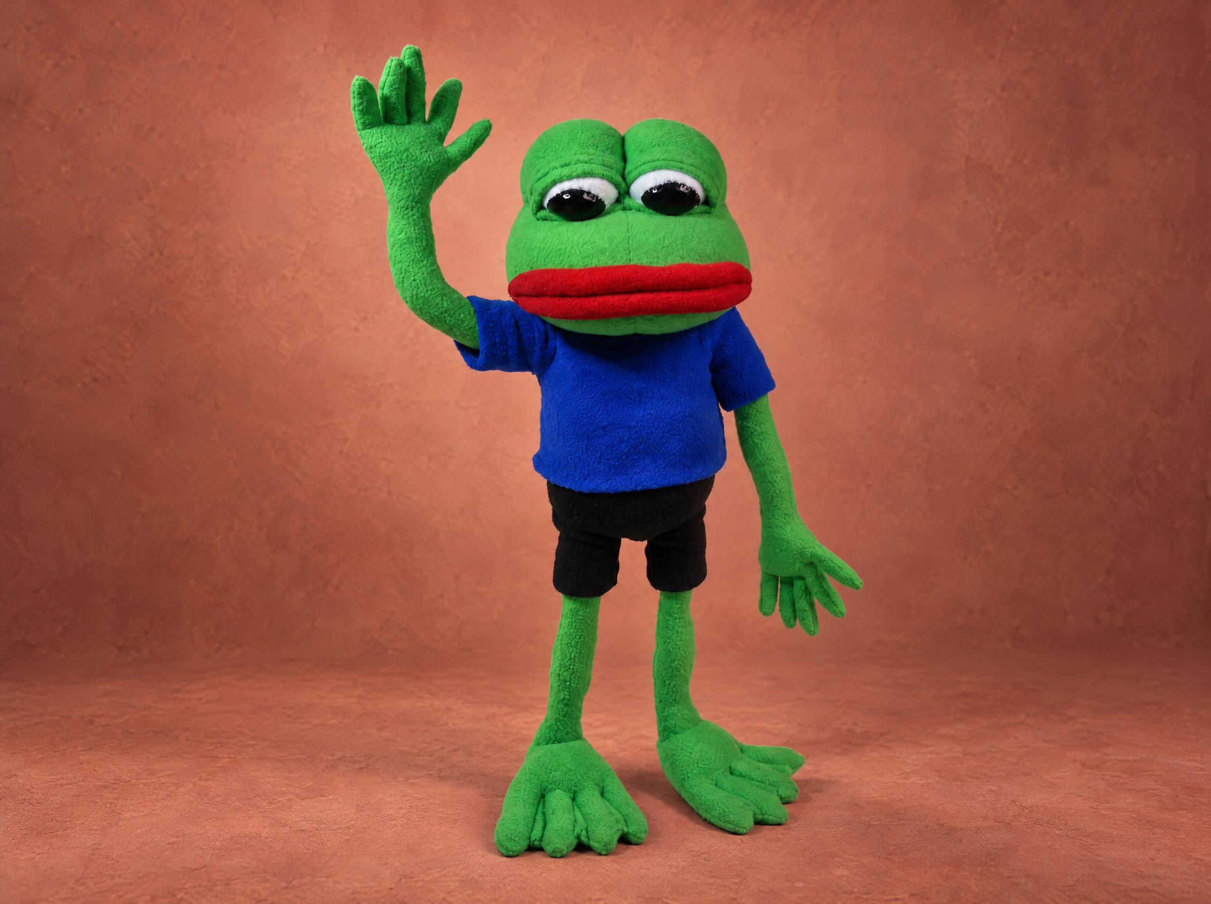 Pepe the Frog plush waving, made to order Pepe the Frog plush waving, in a blue T-shirt and black shorts with big red lips, custom made to order
