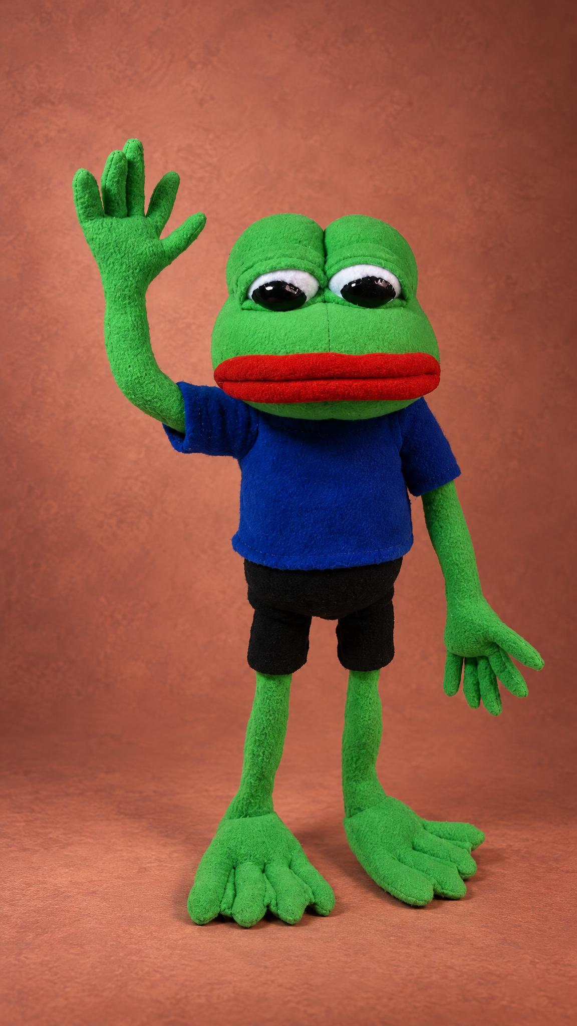 Handmade Pepe the Frog plush with sleepy eyes, long green fingers and webbed feet, sewn to order