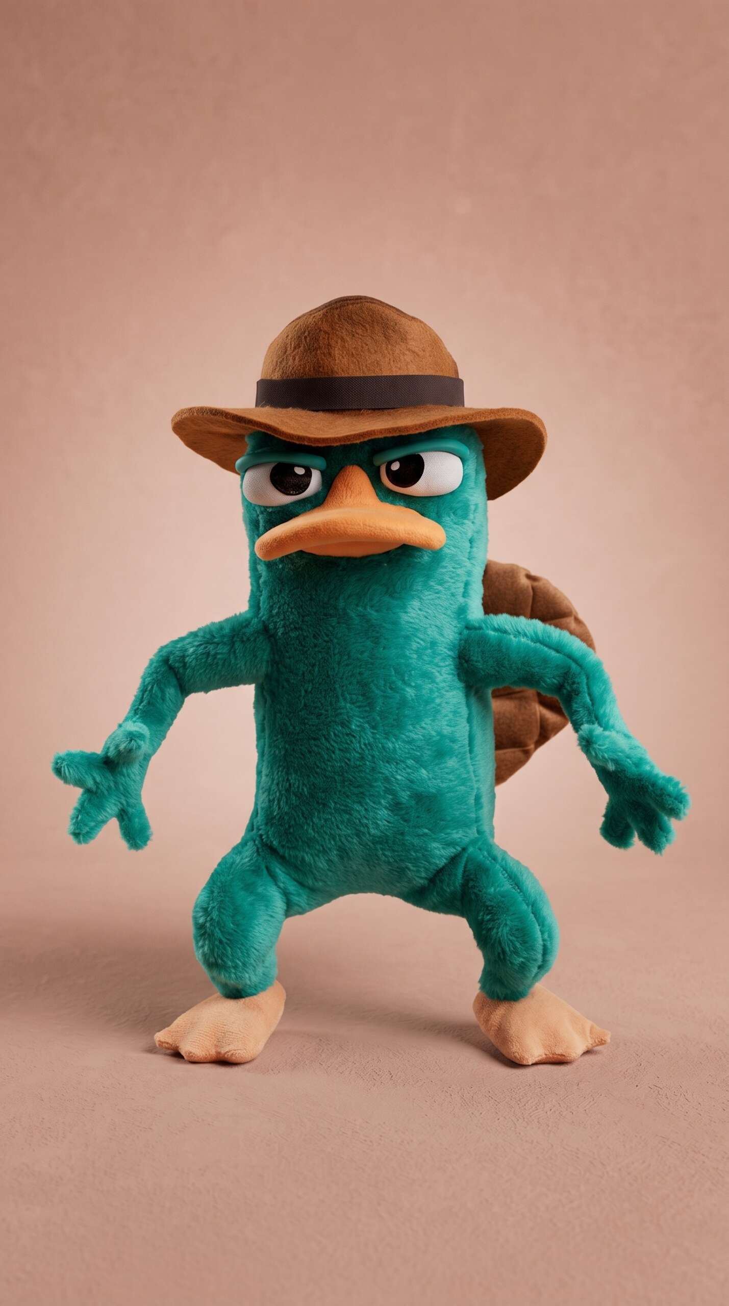 Handmade Agent P plush with half-closed eyes, an orange bill and a brown fedora, sewn to order