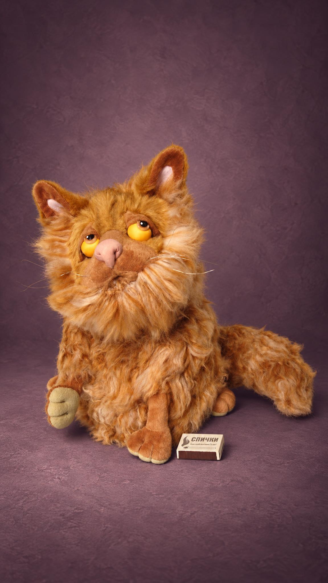Handmade ginger Persian cat plush, custom made: fluffy faux fur ruff, bushy tail and a lifted paw