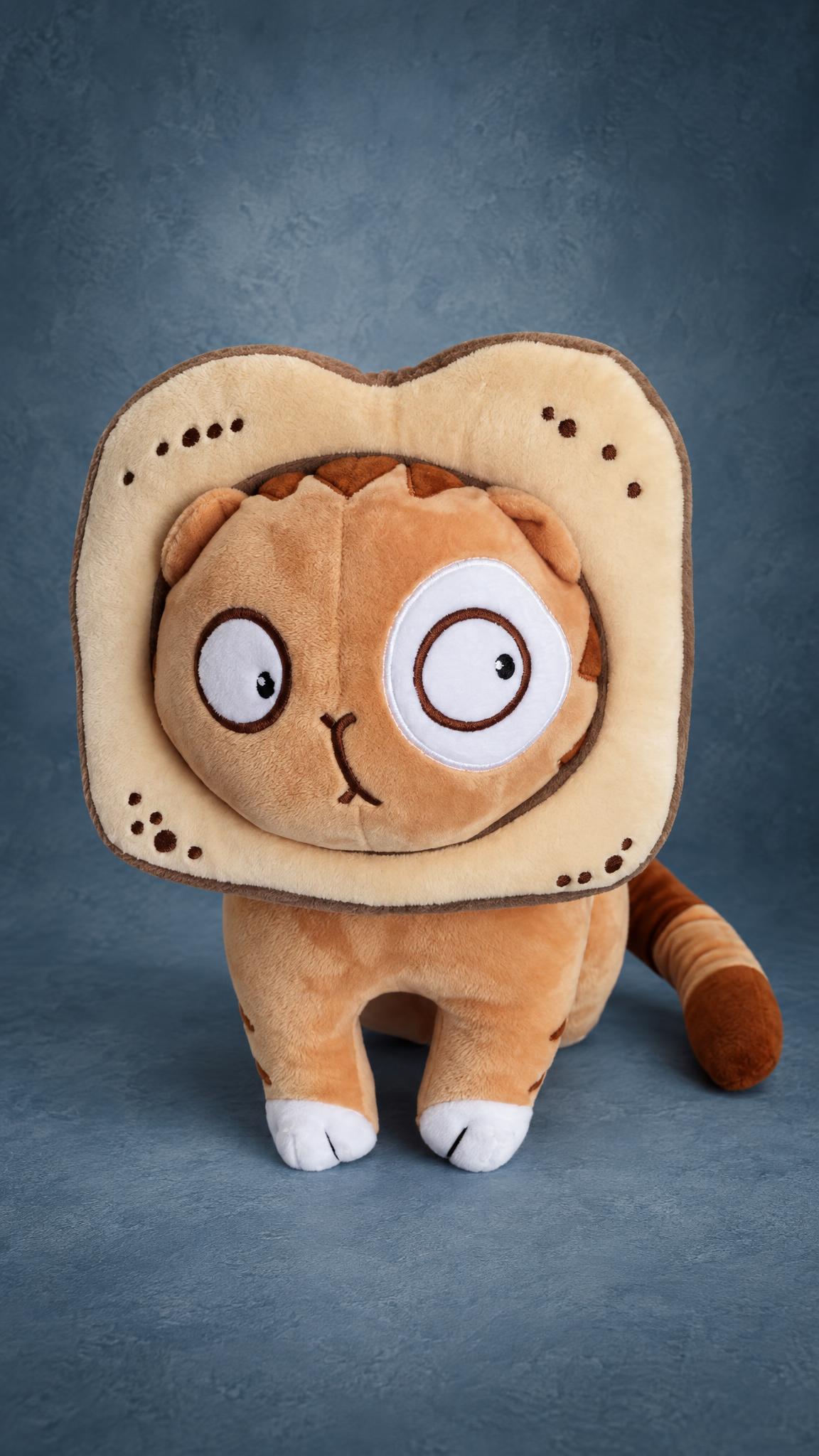 Handmade cat sticker plush in a bread slice: Persik with his mismatched eyes, sewn to order from a sticker
