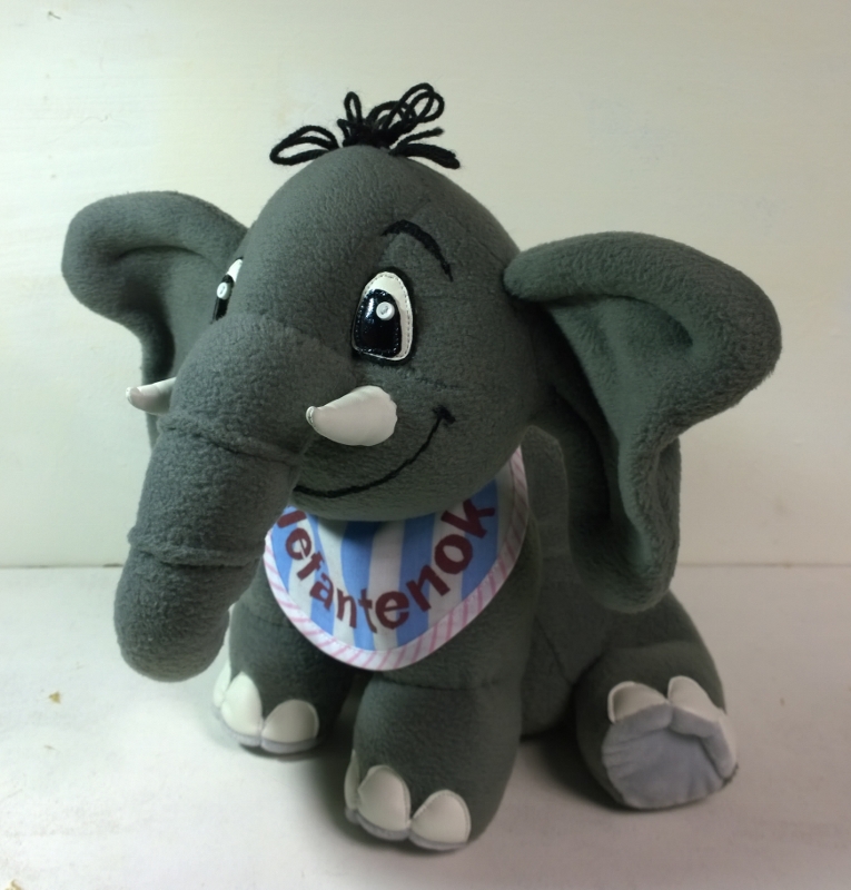 Personalized elephant plush with his name Personalized elephant plush handmade to order, the name Elefantenok printed on a blue and white striped bib