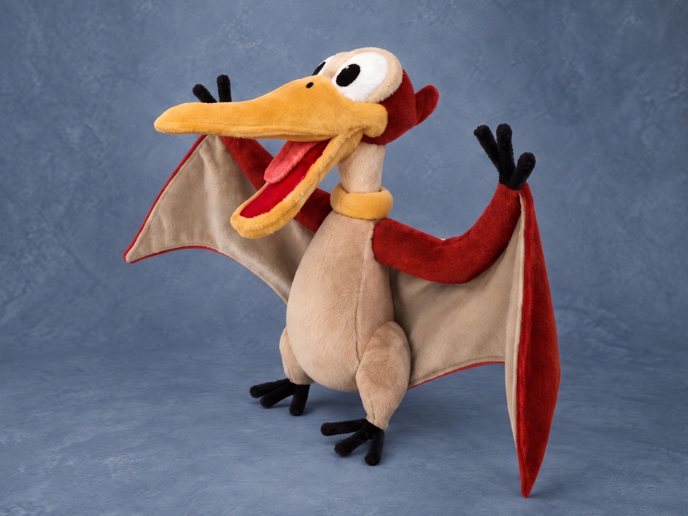 Petrie plush from The Land Before Time with an open orange beak and beige wings edged in red, handmade to order