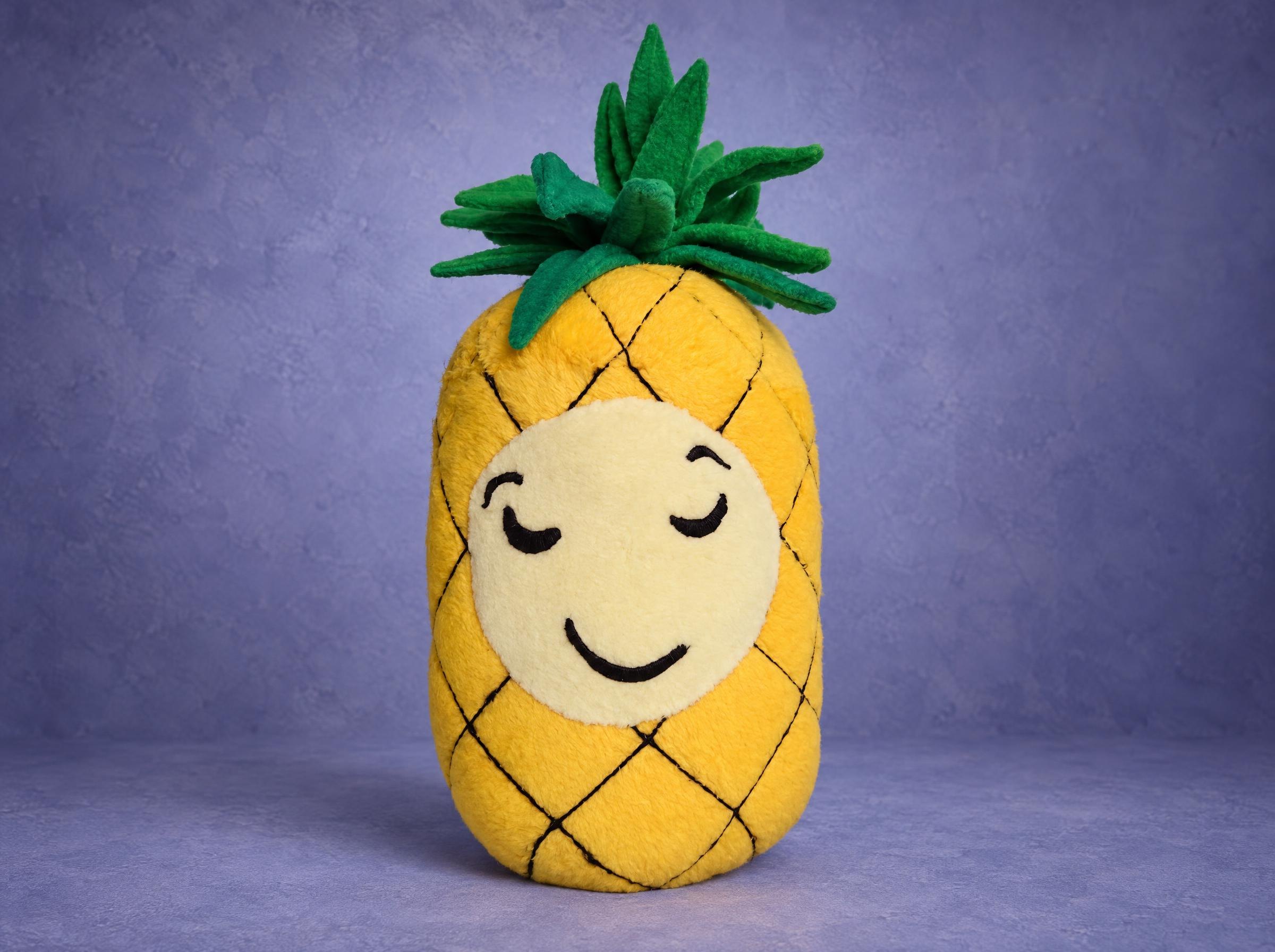 Pineapple plush made from a child's drawing, closed eyes, wide smile and green leaf crown, handmade to order