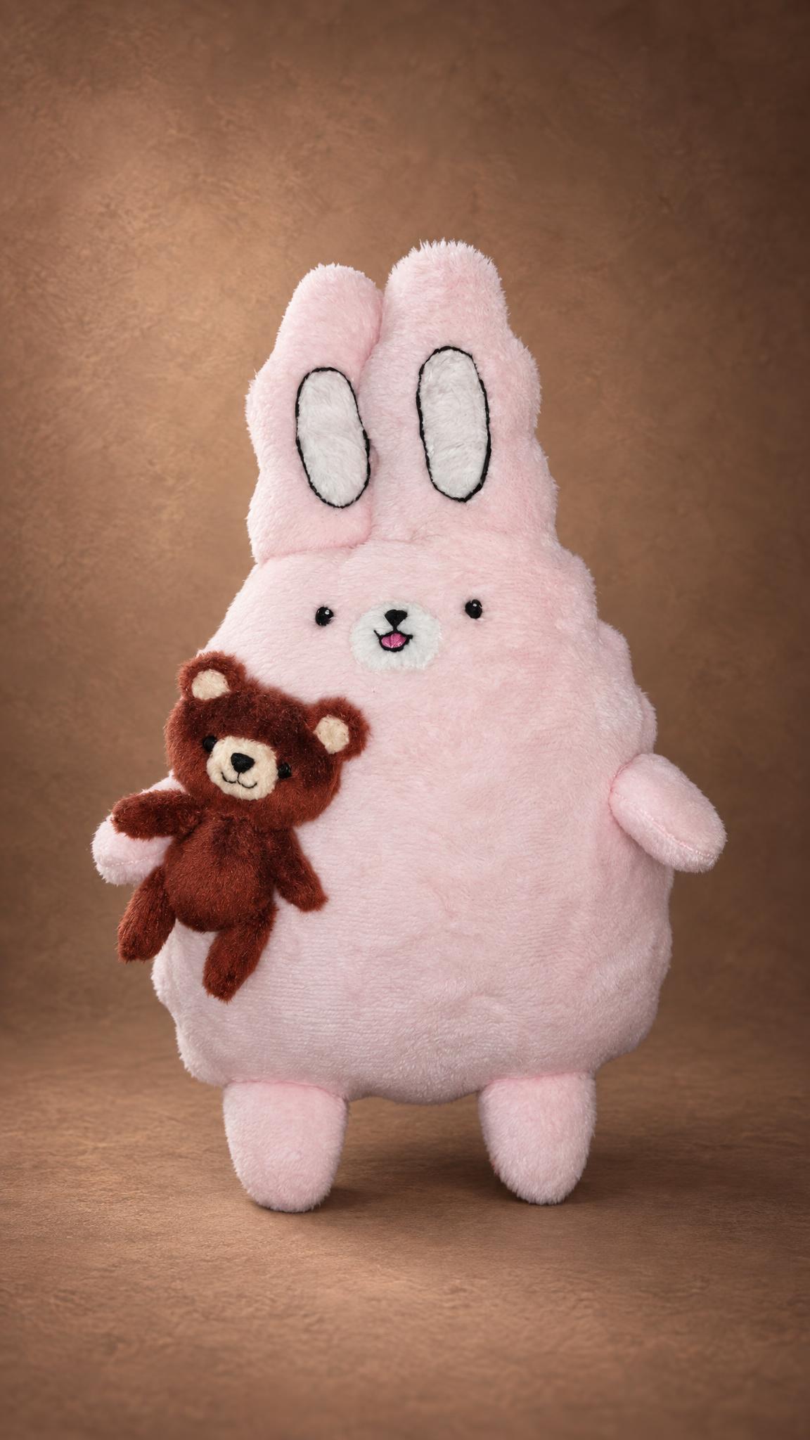 Custom sticker plush: pale pink bunny with tall stitched ears and a little teddy bear, sewn by hand to order