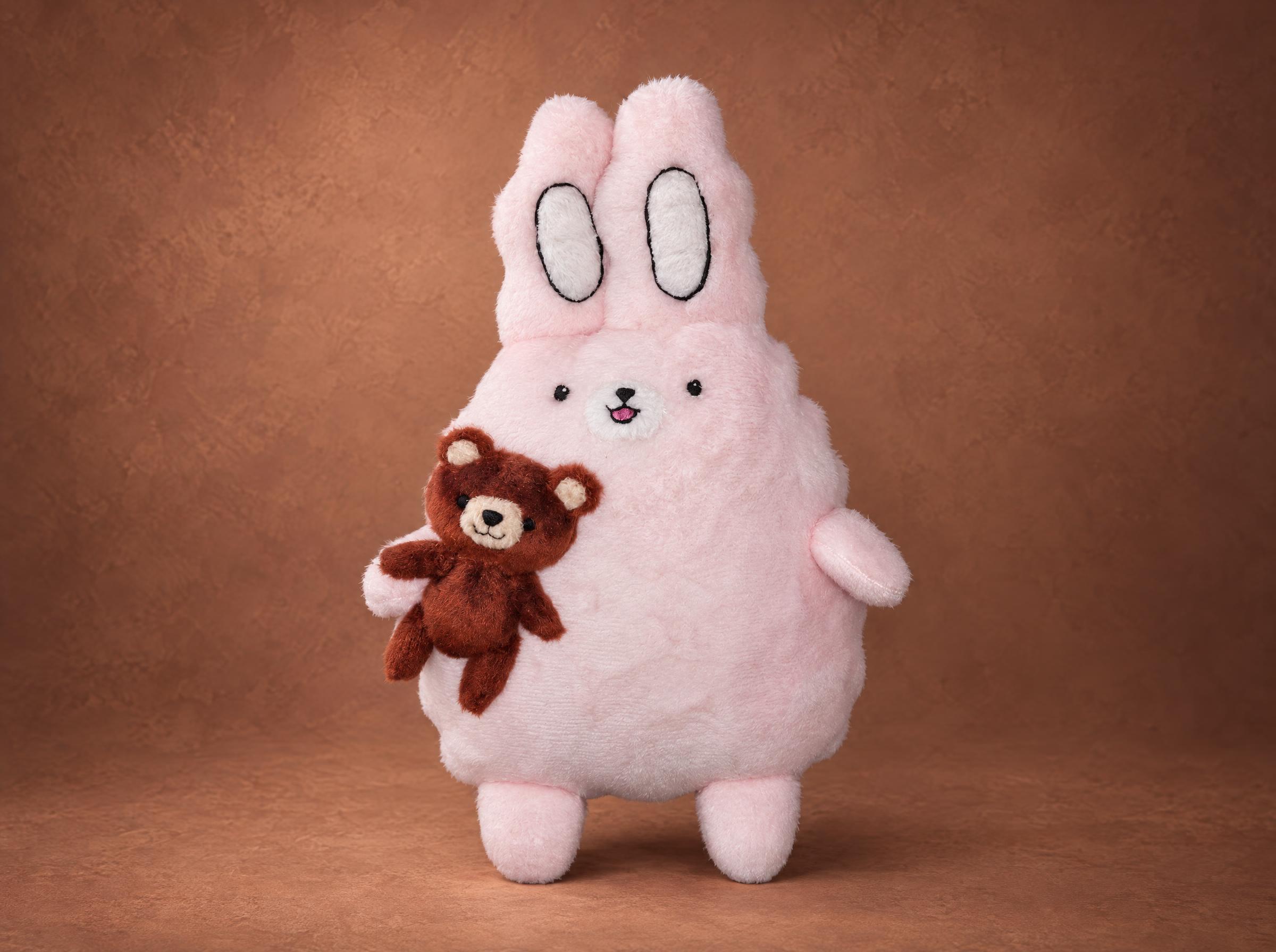 Pink bunny plush from a Telegram sticker holding a tiny brown teddy bear, custom sticker toy handmade to order