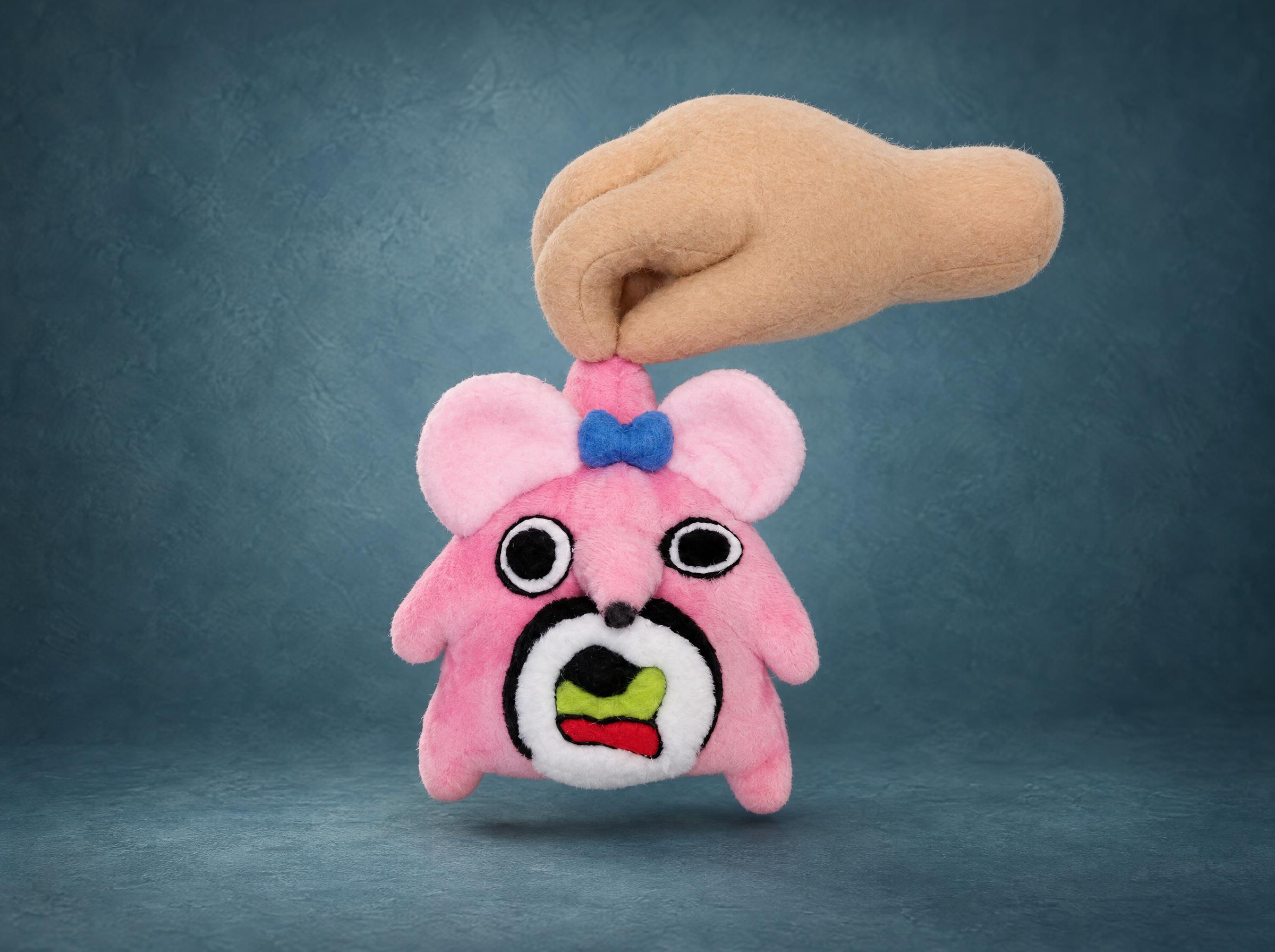 Pink mouse plush with a sushi roll in its mouth, held by a soft plush hand, custom made to order from a sticker