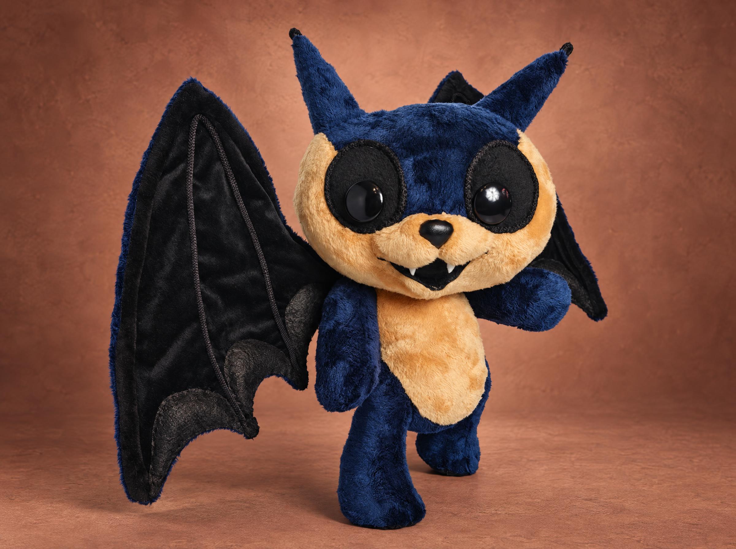 Plush from AI art, made to order: winged bat in navy faux fur with a caramel face, black wings and two fangs