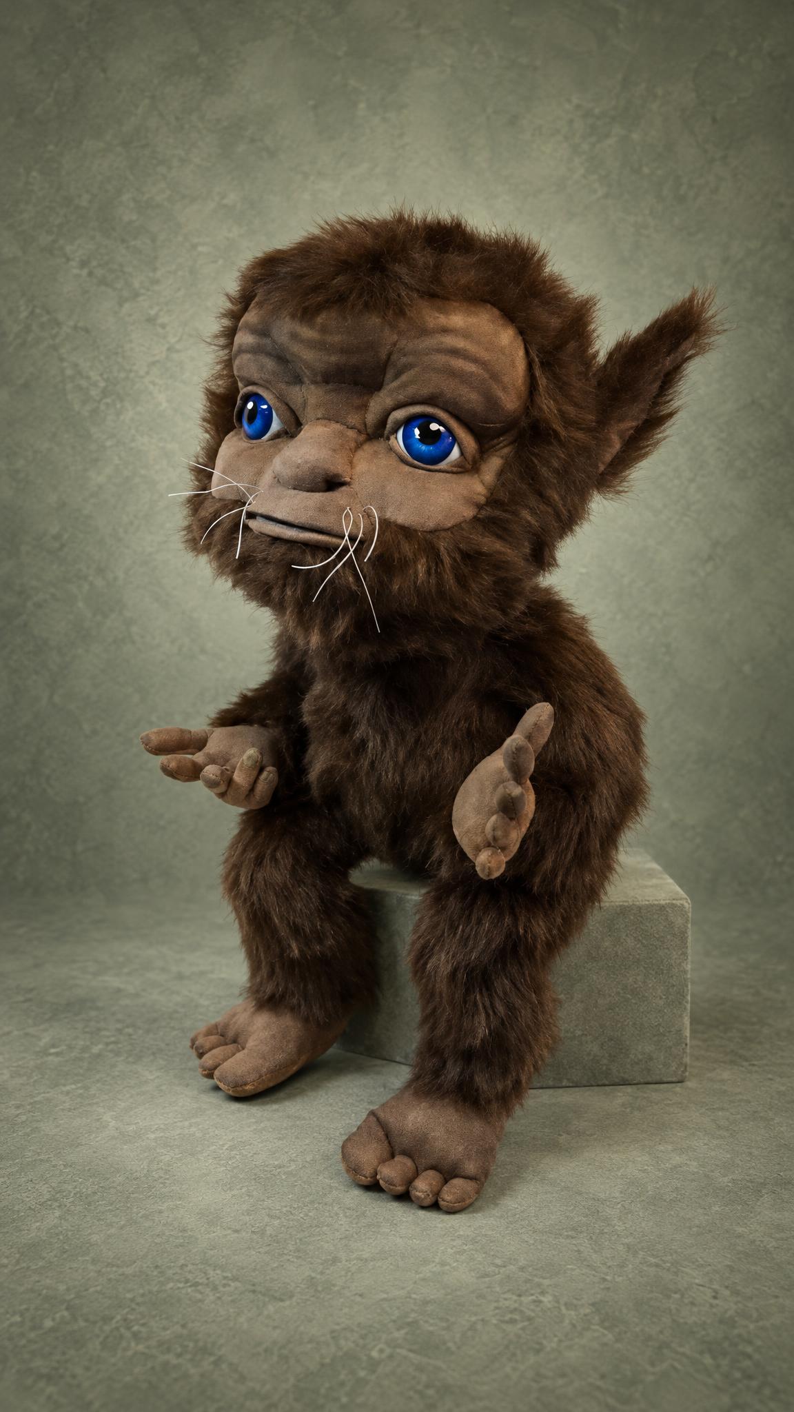 Handmade poltergeist creature plush with a creased face, blue eyes and open palms, sewn to order