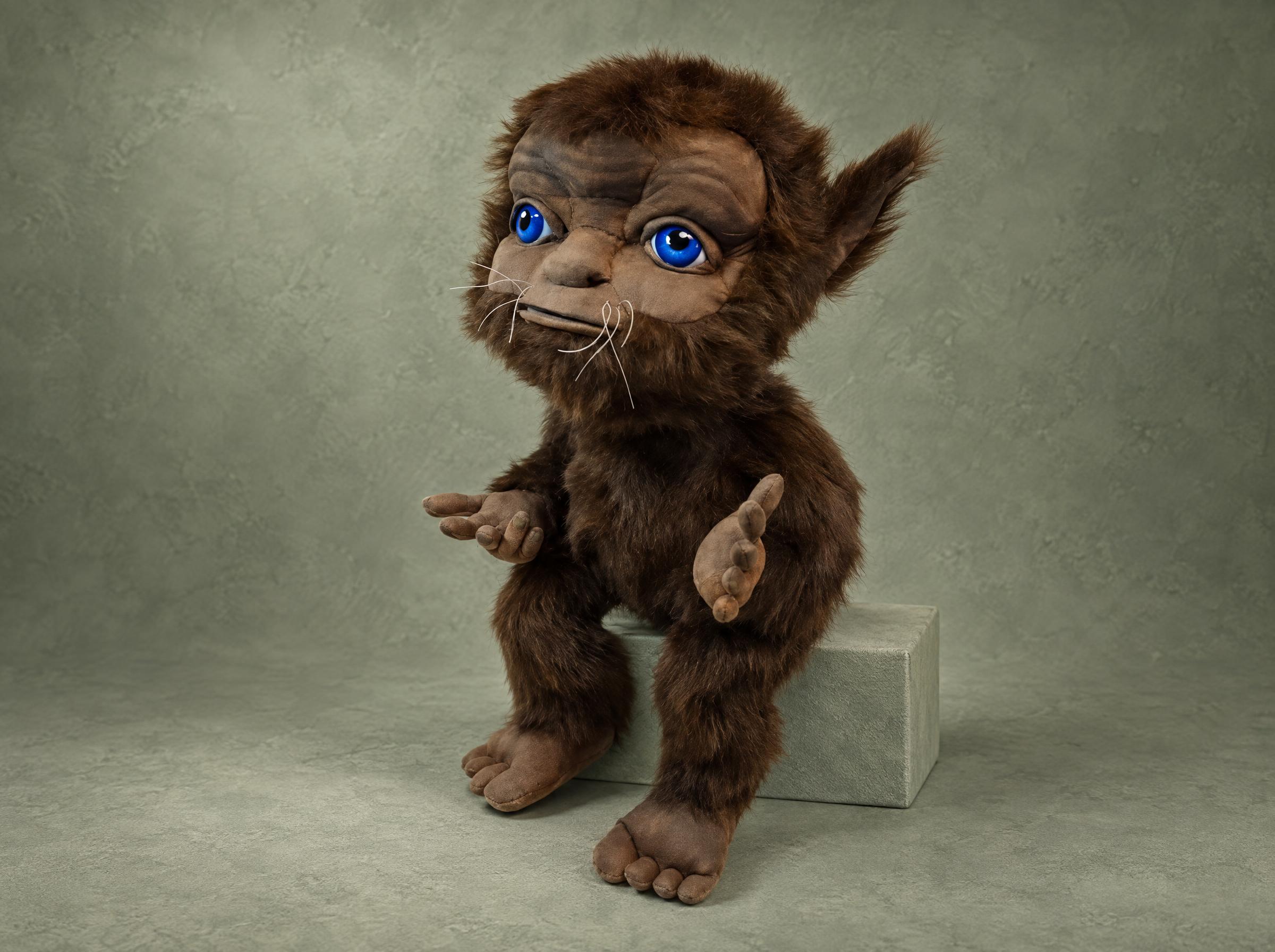 Poltergeist plush from a client's drawing: shaggy brown creature with big blue eyes and whiskers, made to order