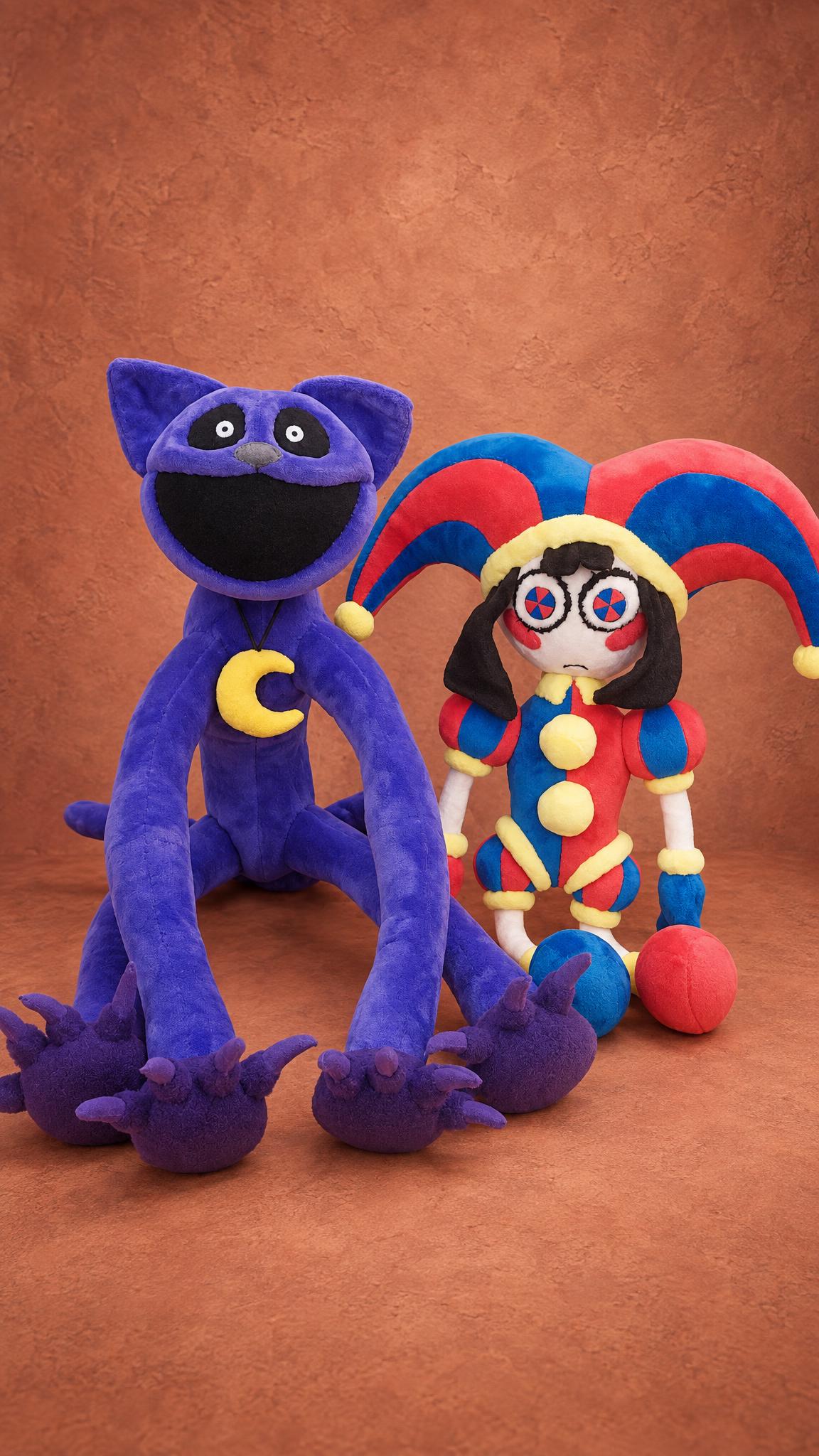 Custom Pomni jester plush in a red and blue hat sitting with a CatNap plush, handmade to order for TADC fans