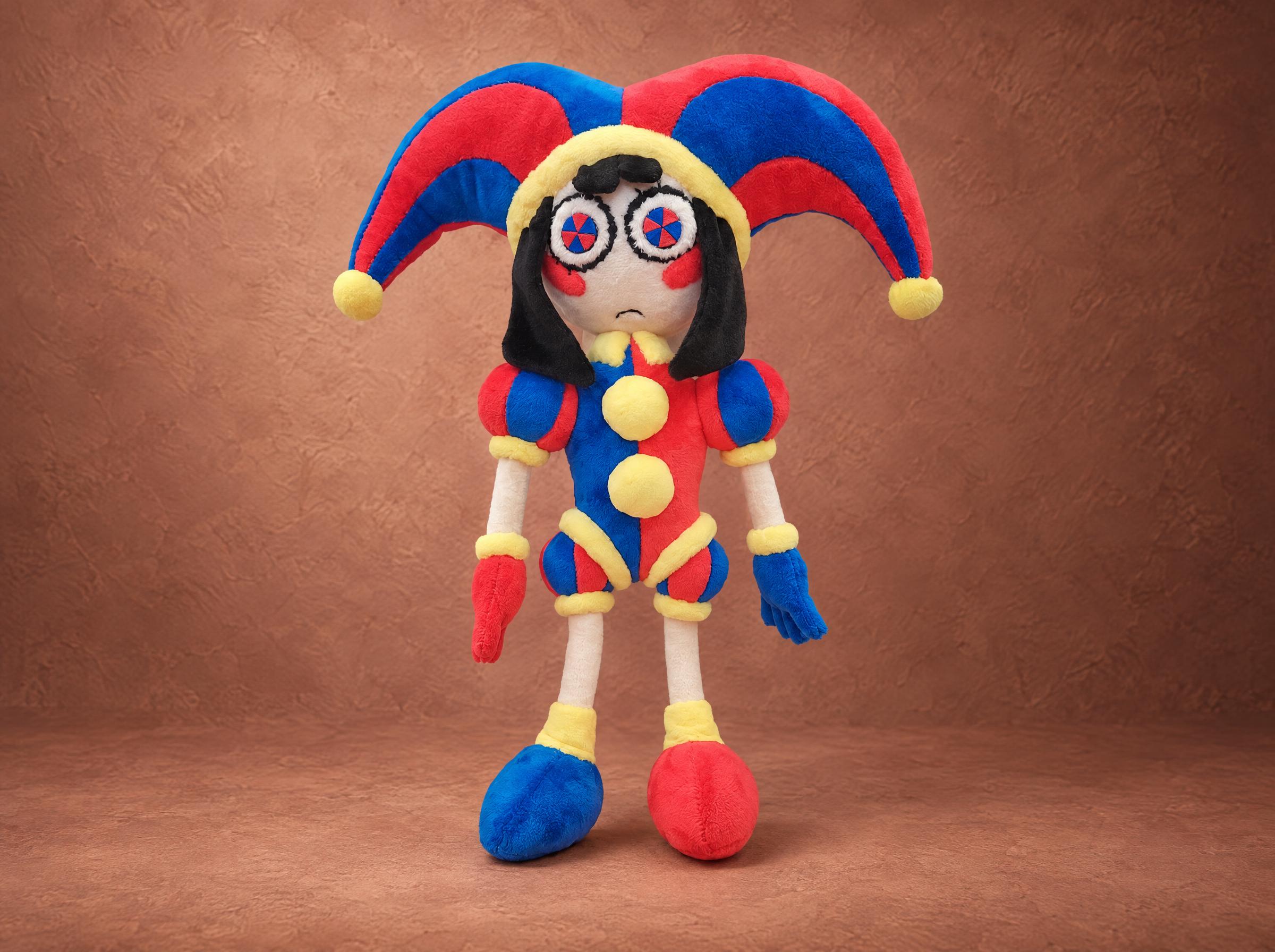 Custom Pomni plush from The Amazing Digital Circus in a red and blue jester hat, handmade to order