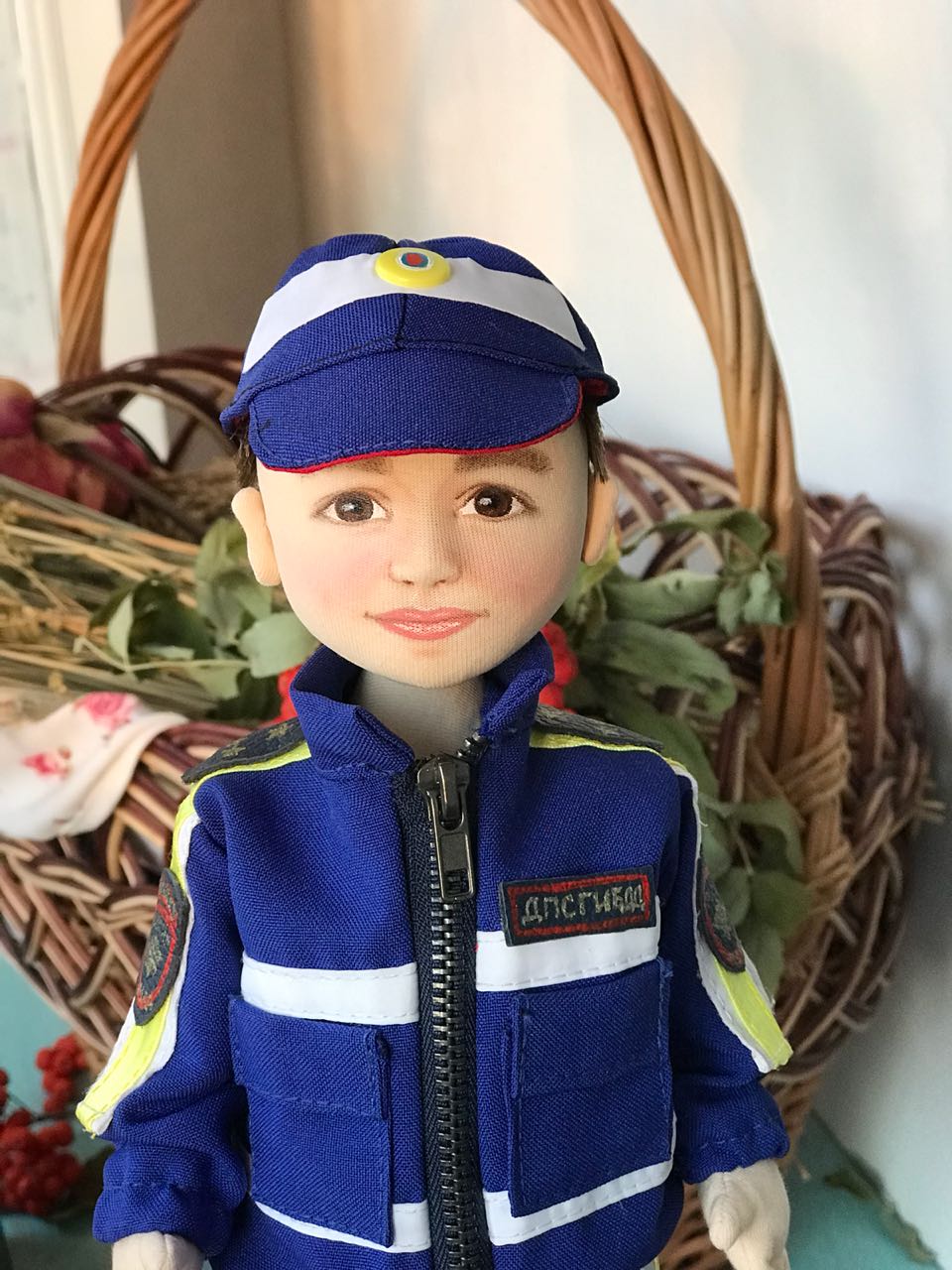 Portrait doll in police uniform Portrait doll in police uniform, handmade to order: painted brown eyes, dark brows, blue cap, shoulder patches